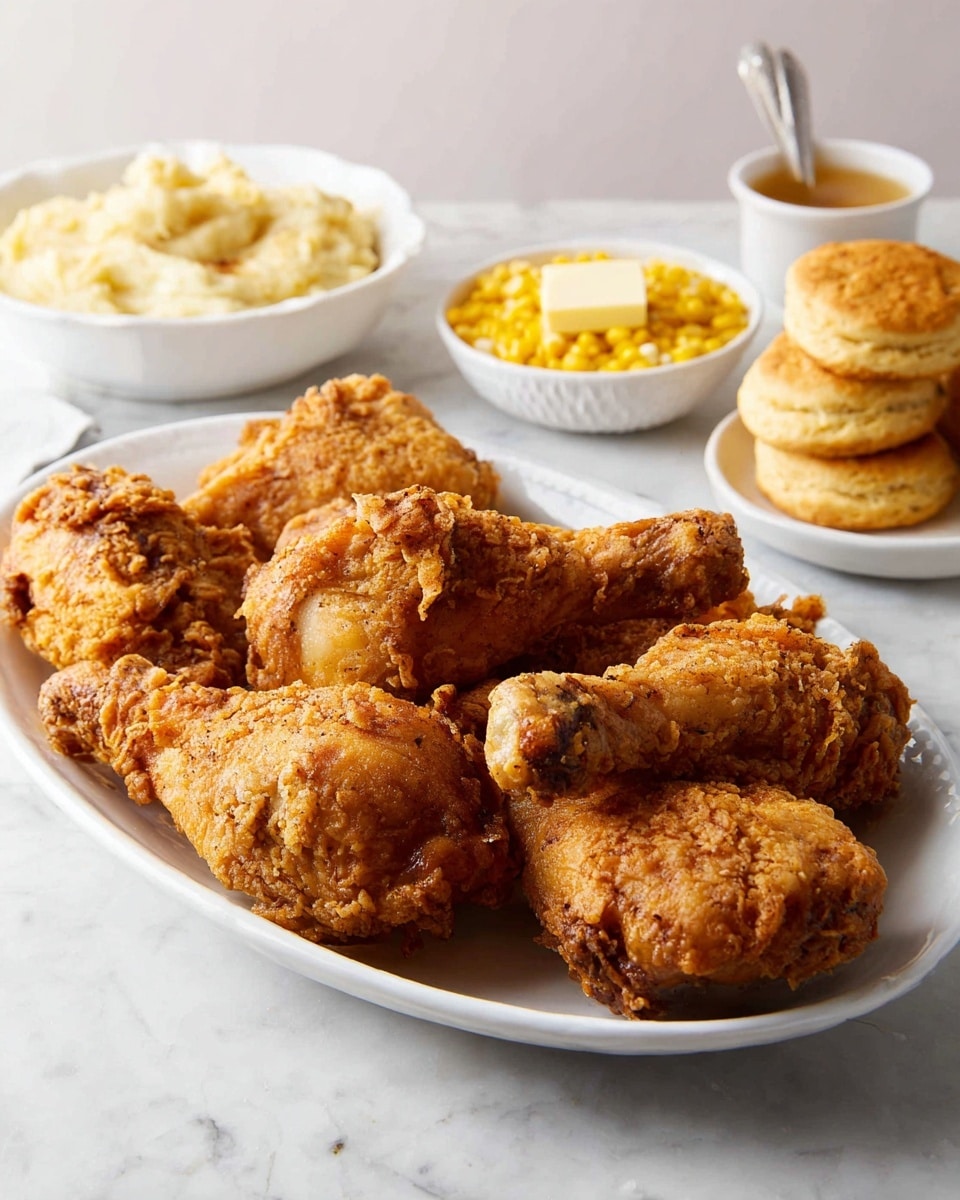 A white plate holds nine pieces of golden-brown fried chicken with a crispy textured coating, arranged neatly but slightly overlapping. To the top right, a white bowl is filled with bright yellow corn kernels topped with a small square of melting butter. To the top left, there is a bowl of creamy mashed potatoes shaped with a central well filled with brown gravy, and more gravy drizzled around, sprinkled with black pepper. Below the mashed potatoes, a white bowl holds multiple round golden biscuits with soft textured tops, with two separate biscuits resting next to the bowl. The setting is on a white marbled surface with a green and white checkered cloth partially visible at the bottom right. Photo taken with an iphone --ar 4:5 --v 7