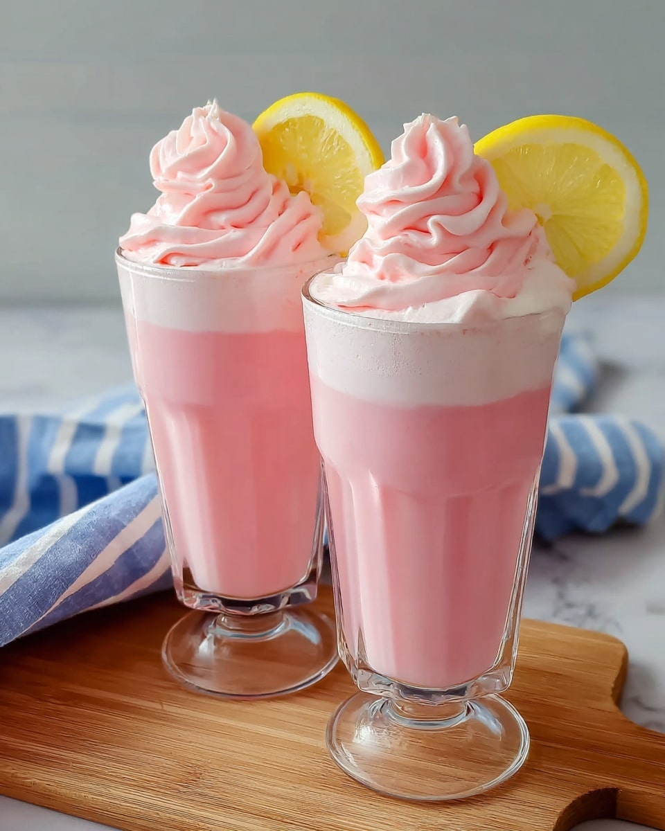 Two tall clear glasses are filled with a light pink creamy drink, each glass filled with ice cubes visible near the top. The drink has a thick layer of white whipped cream on top, softly swirled with hints of pink. One glass has a thin lemon wedge placed on its rim and a blue and white striped straw sticking out. The glasses are placed on a wooden board, with a half lemon resting on it. A pink and white checkered cloth is casually draped next to them. The background and surface have a white marbled texture. photo taken with an iphone --ar 4:5 --v 7