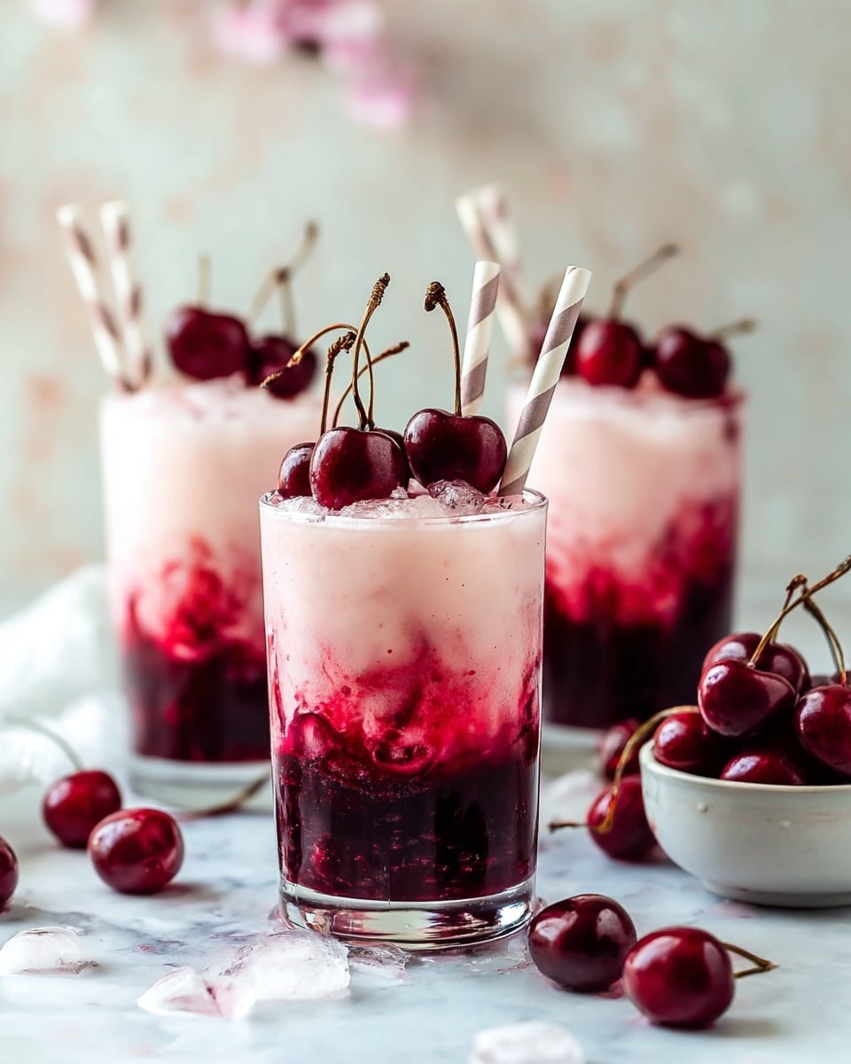 A clear glass mug with a handle holds a layered drink with three distinct parts: a pinkish bottom layer, a light creamy middle layer, and a foamy white top layer. The top of the drink is decorated with bright red cherries, a brown star anise, and two dark brown cinnamon sticks sticking out. The mug sits on a white plate that has a few cherries and small pink flower petals scattered around. The background is a white marbled texture, soft and blurred, with more cherries and star anise visible. photo taken with an iphone --ar 4:5 --v 7