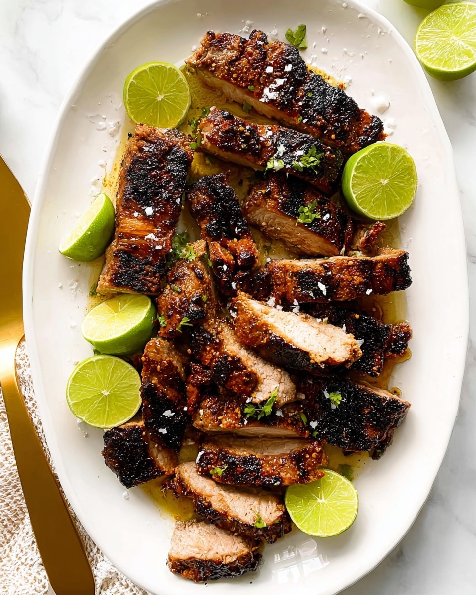 The image shows thick slices of cooked meat arranged in a circle on a white plate. The top pieces are well browned with a dark, charred crust, while the bottom pieces have a lighter, golden-brown color showing the cooked inside texture. Two wedges of bright green lime are placed among the meat slices, adding a fresh contrast. Coarse salt flakes are sprinkled over the meat, highlighting the textures and colors. The plate rests on a white marbled surface. photo taken with an iphone --ar 4:5 --v 7