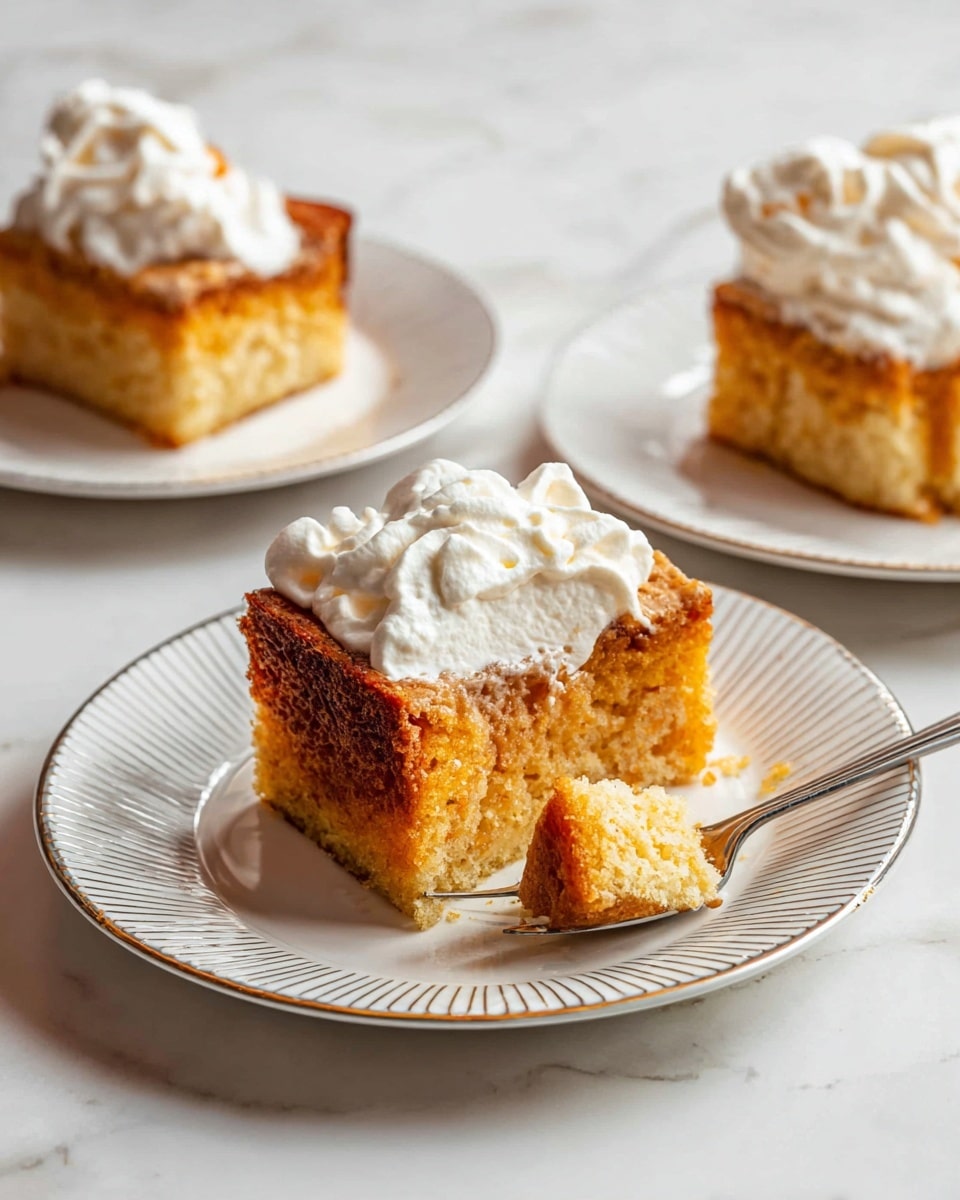 A square piece of golden brown cake with a slightly crumbly top layer sits in the center of a white plate, topped with a small swirl of white whipped cream. Next to the cake, a silver fork rests on the plate’s right side. In the background, there is a white marbled surface with more plates holding similar cake pieces, and a baking pan with more cake is visible on the left side. The texture of the cake looks soft but firm, and the overall setting is bright and clean. Photo taken with an iphone --ar 4:5 --v 7