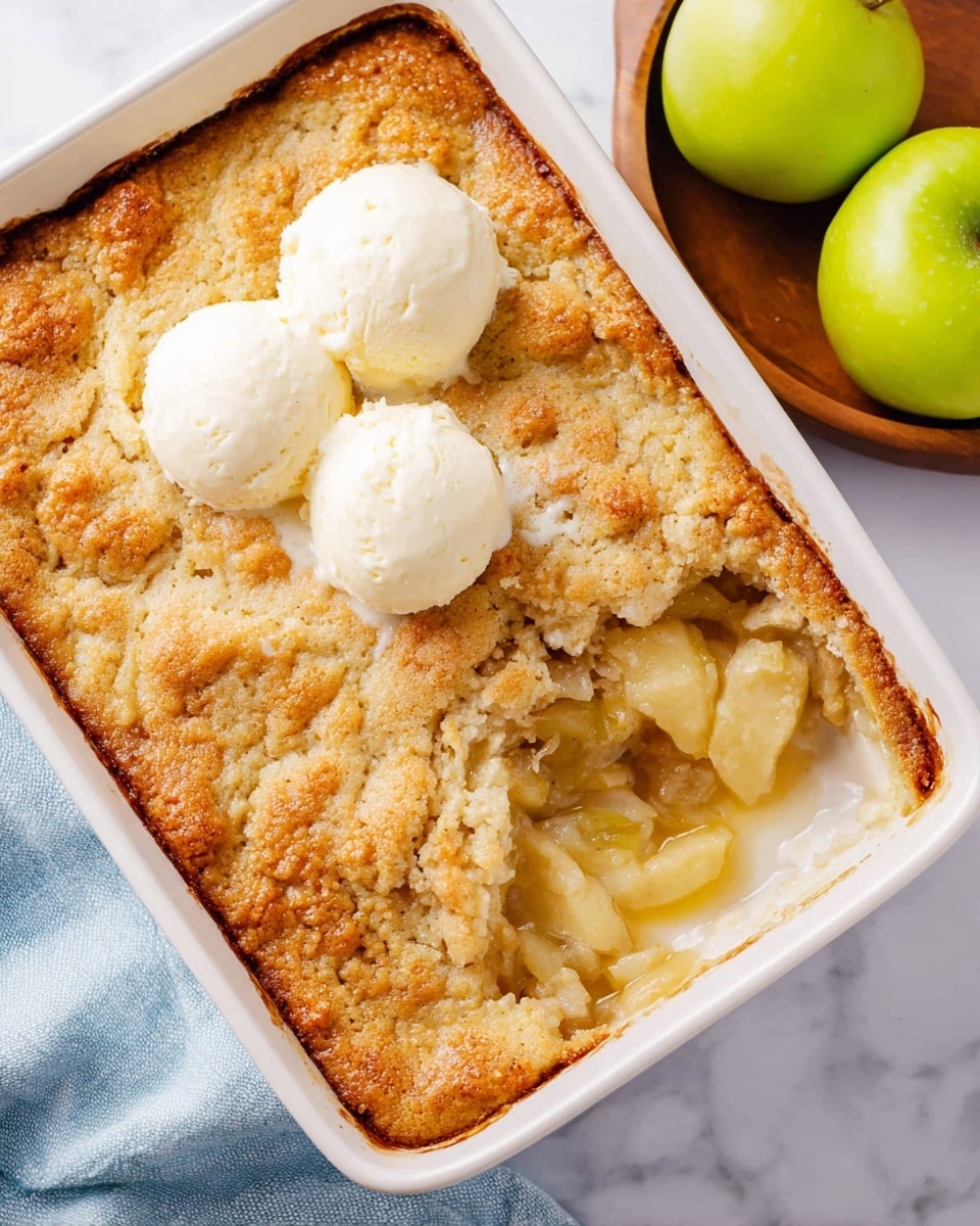 A white rectangular baking dish filled with golden brown cooked apple cobbler that has a slightly cracked top crust; three round scoops of pale yellow vanilla ice cream sit on the upper left side of the crust, melting slightly. The top right corner of the cobbler is taken out showing soft, light yellow cooked apple pieces under the crust. The dish is placed on a white marbled surface with a light blue cloth beside it, and a wooden bowl with two green apples in the background. Photo taken with an iphone --ar 4:5 --v 7