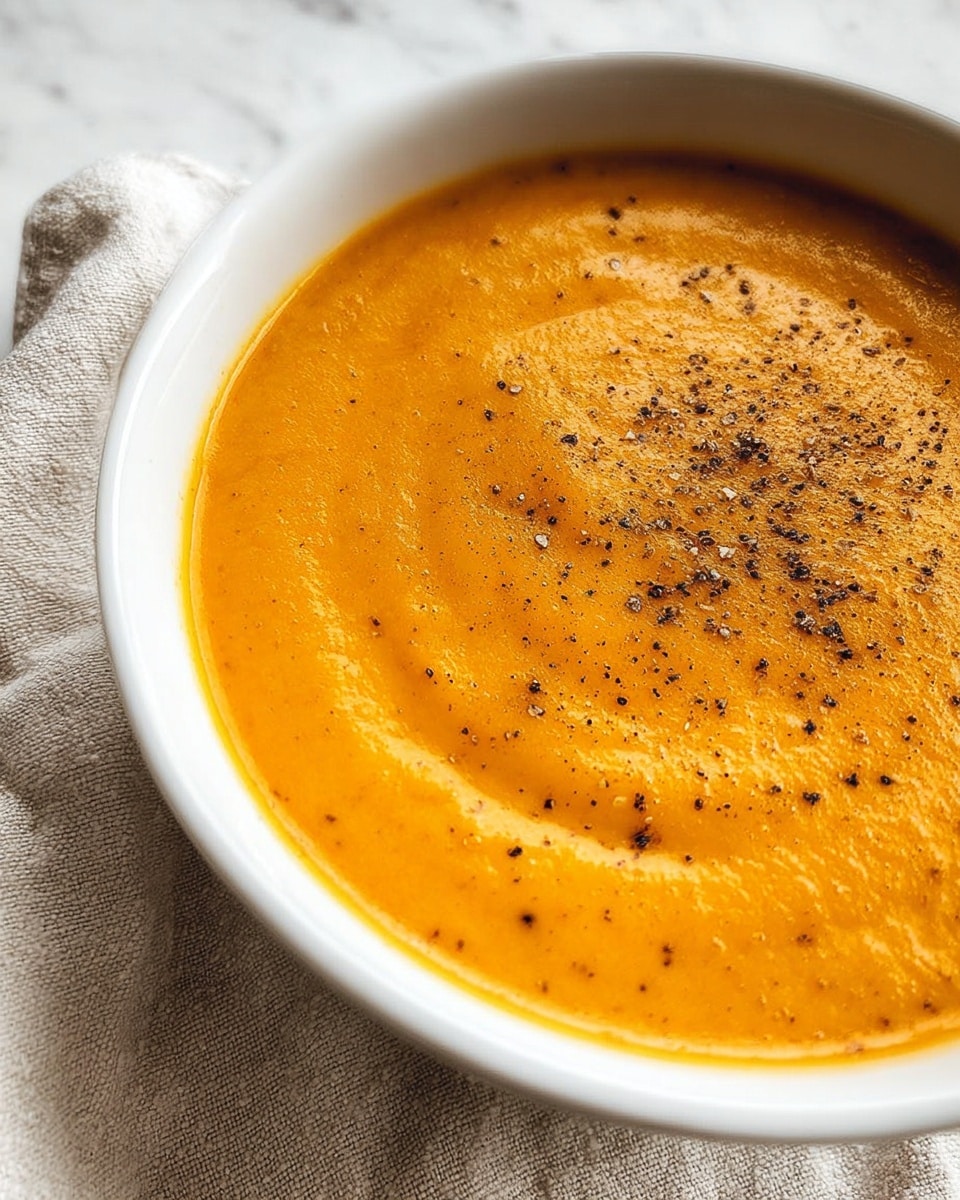 A white bowl filled with thick, smooth, bright orange soup, topped with a light sprinkle of ground black pepper evenly spread across the surface. A silver spoon rests inside the bowl, submerged slightly in the soup. The bowl sits on a white marbled surface, creating a clean and simple background. photo taken with an iphone --ar 4:5 --v 7