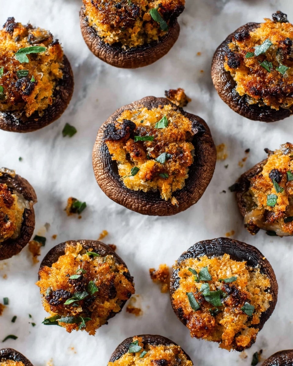 A group of stuffed mushrooms is shown on a white marbled surface, each mushroom forming one layer; the bottom layer is a dark brown mushroom cap with a rough texture and the top layer is a golden-brown mixture of breadcrumbs and chopped green herbs, with some dark charred bits adding contrast. The filling looks crispy and slightly uneven, overflowing a little over the edges of the mushroom caps. The image shows multiple mushrooms in a close-up view, arranged in rows, capturing the details of the textures and colors. Photo taken with an iphone --ar 4:5 --v 7