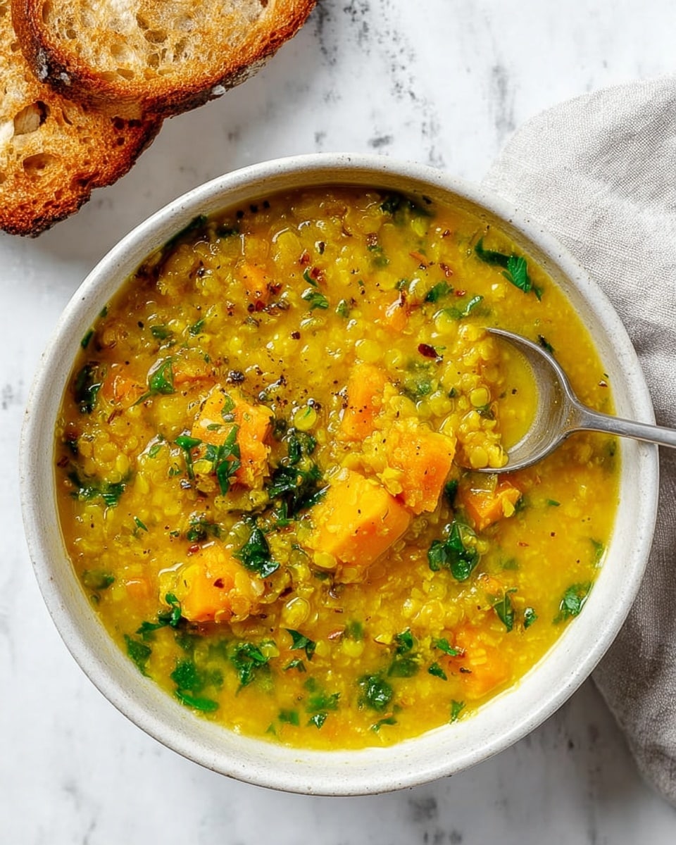 The image shows a bowl of thick yellow lentil soup with visible chunks of orange squash and garnished with green herbs scattered throughout. The soup has a slightly glossy surface with a mix of smooth and textured bits from the lentils and vegetables. A silver spoon rests inside the white bowl, partially submerged in the soup. On the top left, there is a piece of toasted bread with a golden crust placed on a white marbled surface, and a light gray cloth napkin is partially visible on the right side. The overall setting is bright and clean. photo taken with an iphone --ar 4:5 --v 7