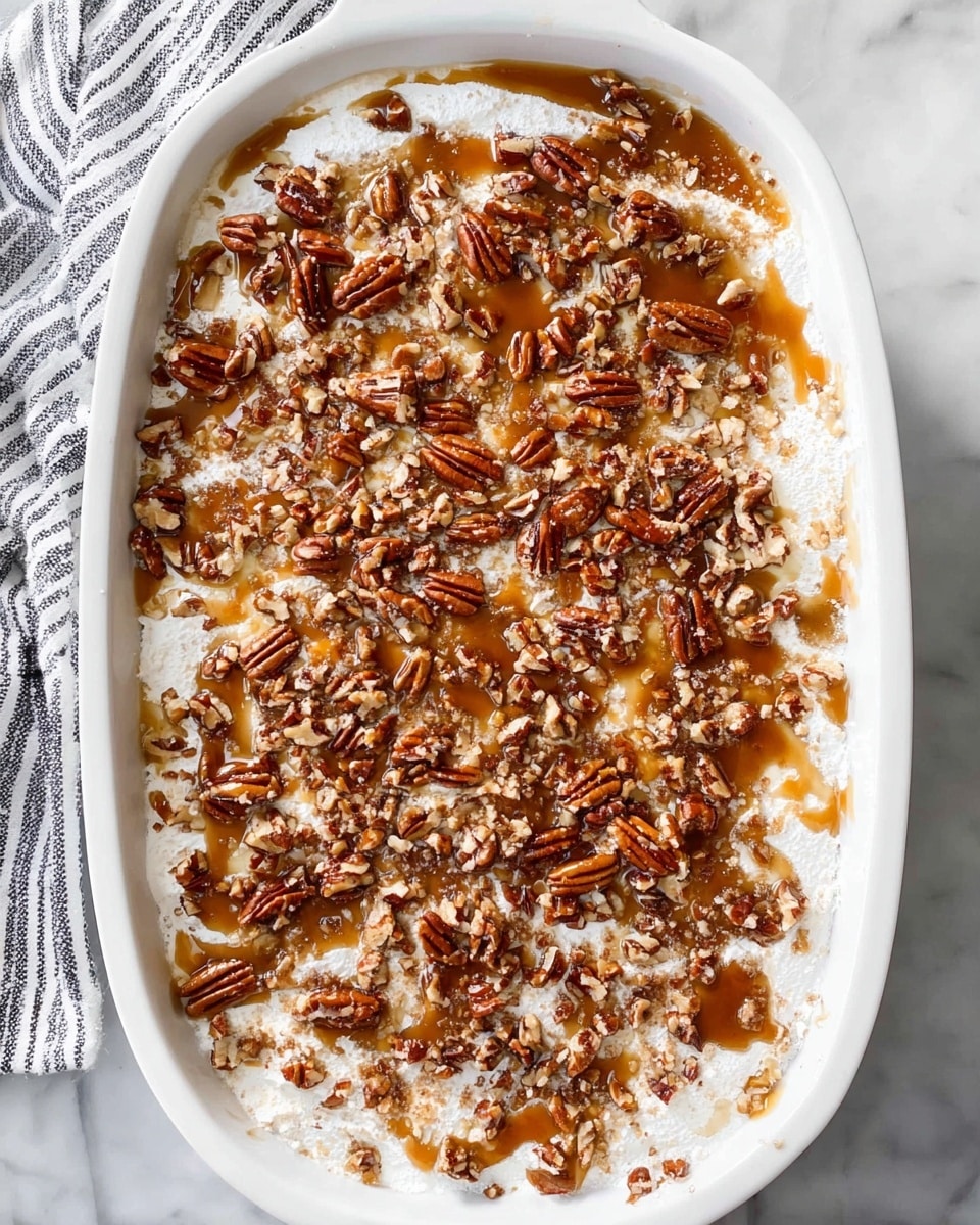 The dish shows a white oval baking dish filled with a layered dessert. The bottom layer is covered with a white powdery substance, likely powdered sugar or flour, spread evenly across the surface. On top, there are many small, chopped pecans scattered, giving a rich brown and textured appearance. Patches of light brown syrup or caramel are drizzled unevenly over the nuts, adding a shiny and sticky look. Small clumps of light brown sugar are also sprinkled throughout, offering additional texture and color contrast. The dish sits on a white marbled surface with part of a striped cloth visible on the left side. photo taken with an iphone --ar 4:5 --v 7