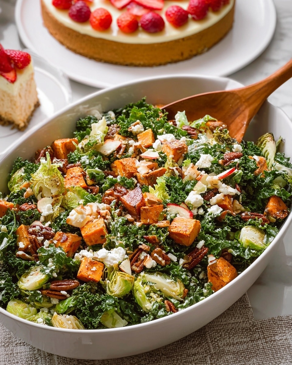A large white oval bowl filled with a fresh salad showing three main layers: a base of leafy kale and halved Brussels sprouts in dark green shades, a middle layer of bright orange roasted sweet potato chunks, and scattered pieces of light cream cheese crumbles and small red apple chunks on top. Dark brown pecans are mixed throughout adding texture. A wooden spoon rests inside the bowl. In the background, part of a cheesecake with a light brown crust and pale yellow filling topped with halved strawberries is visible on a white plate, all set on a white marbled surface photo taken with an iphone --ar 4:5 --v 7