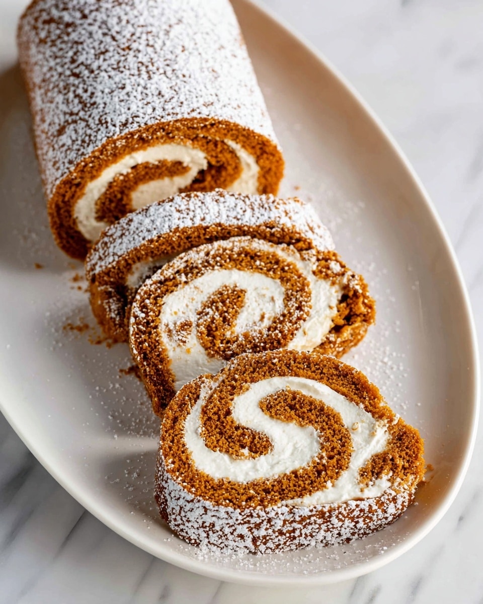The image shows a white plate with a pumpkin roll cake dusted with powdered sugar. The cake has four visible layers, three of which are cut thickly and lying flat, showing the swirl pattern of light cream cheese filling inside the darker orange-brown pumpkin cake layer. The fourth piece is a thicker uncut roll standing up, also dusted with powdered sugar on top and around the plate, all placed on a white marbled surface. Photo taken with an iphone --ar 4:5 --v 7