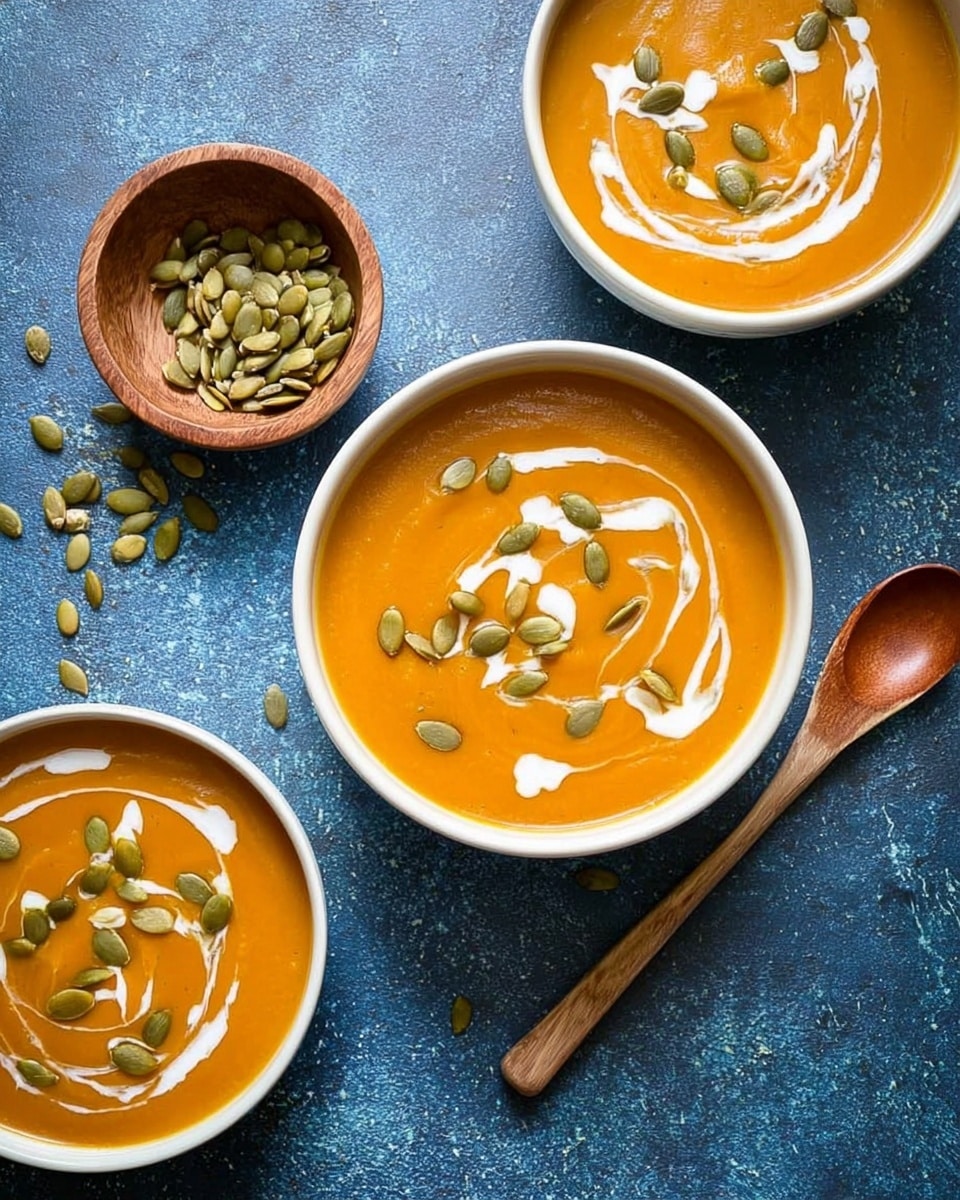 Three white bowls filled with smooth orange soup are placed on a dark blue textured surface. Each bowl has two decoration layers on top: a swirl of white cream creating curved shapes near the edges and a scattering of green pumpkin seeds in the center. On the left side, a small wooden bowl is filled with extra green pumpkin seeds, some of which are spilled onto the blue surface. A light wooden spoon rests inside the bowl closest to the bottom right. Photo taken with an iphone --ar 4:5 --v 7