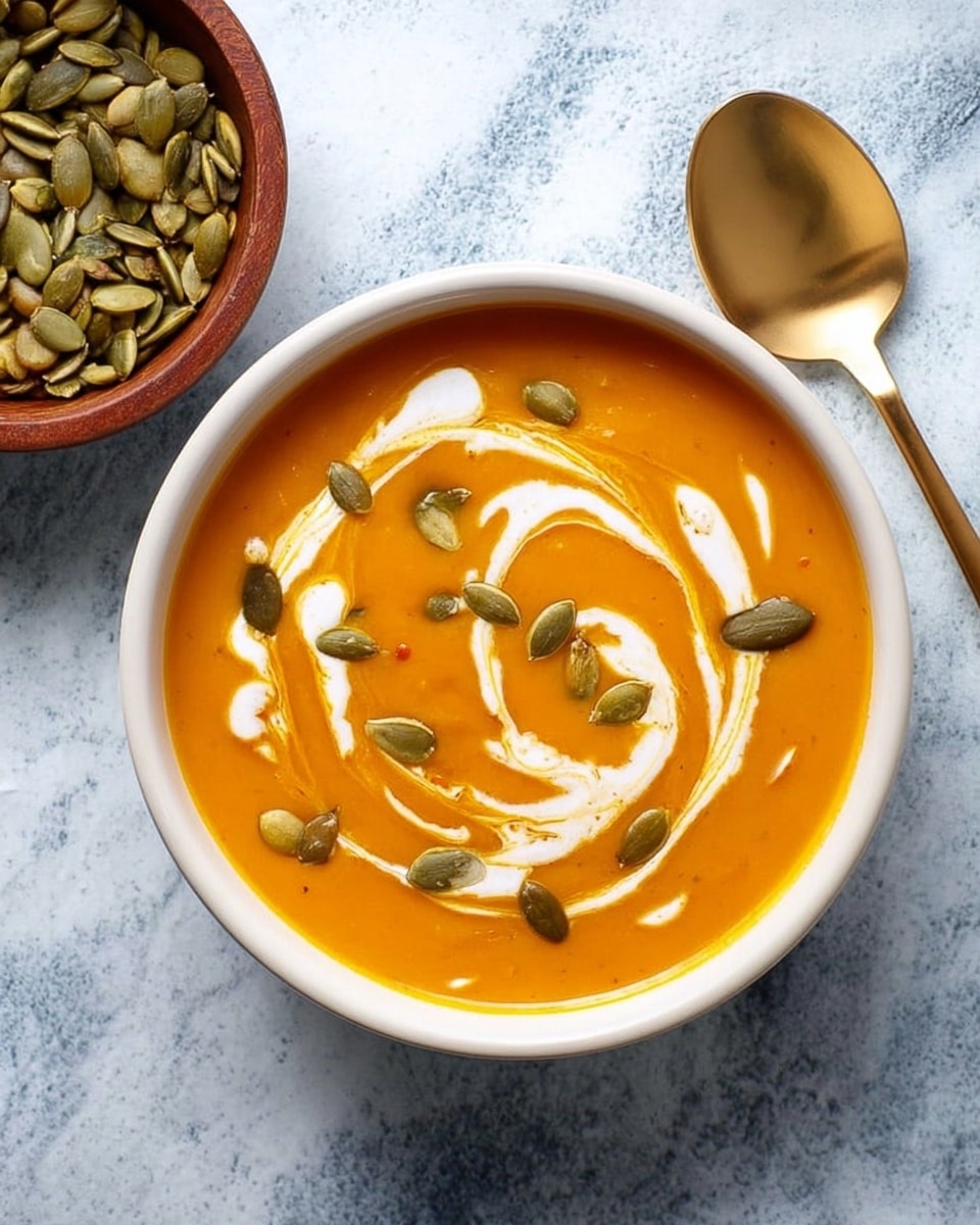 A white bowl filled with smooth orange soup, swirled with white cream in curved lines on top. There are green pumpkin seeds scattered across the soup surface. Next to the bowl is a white bowl with more green pumpkin seeds, and a gold spoon lies beside the bowl. All items rest on a white marbled surface photo taken with an iphone --ar 4:5 --v 7