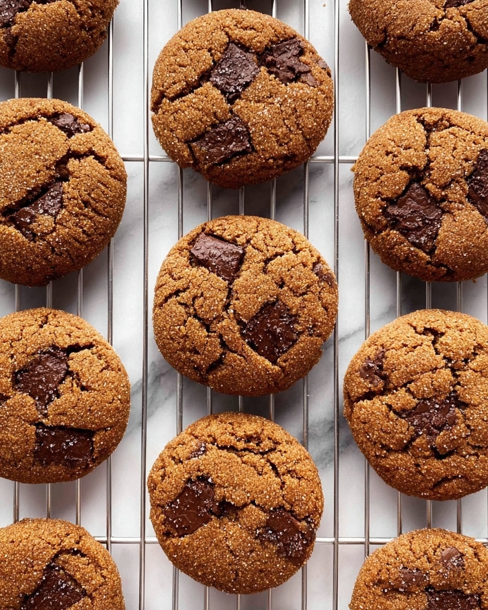 A close-up view of a cookie broken in half showing two layers of soft, brownish cookie dough with melted dark chocolate chips scattered inside both layers, held gently between a woman's thumb and fingers. The cookie texture looks moist and grainy with darker spots where the chocolate is melted. The background is softly blurred with light colors. photo taken with an iphone --ar 4:5 --v 7