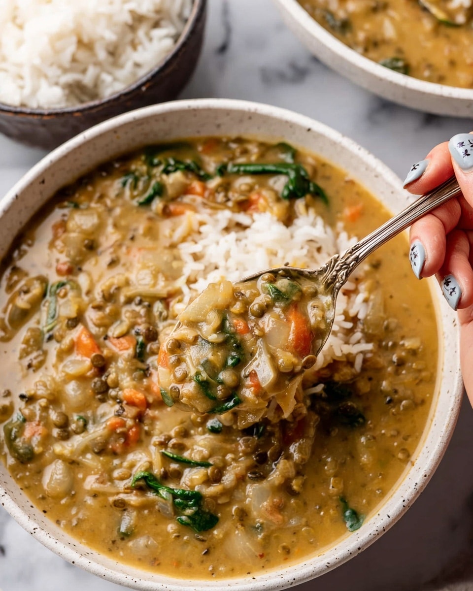A close-up view of a creamy lentil soup served in a white speckled bowl, filled with thick, light brown broth. The soup has visible small green lentils, chunks of translucent white onion, bits of orange carrot, and bright green spinach leaves scattered throughout. A woman's hand with light gray nail polish holds a silver spoon decorated with small flowers above the bowl, lifting a spoonful of the soup showing the mix of these ingredients. In the background, there is a white speckled bowl of white rice, and everything is placed on a white marbled surface. photo taken with an iphone --ar 4:5 --v 7