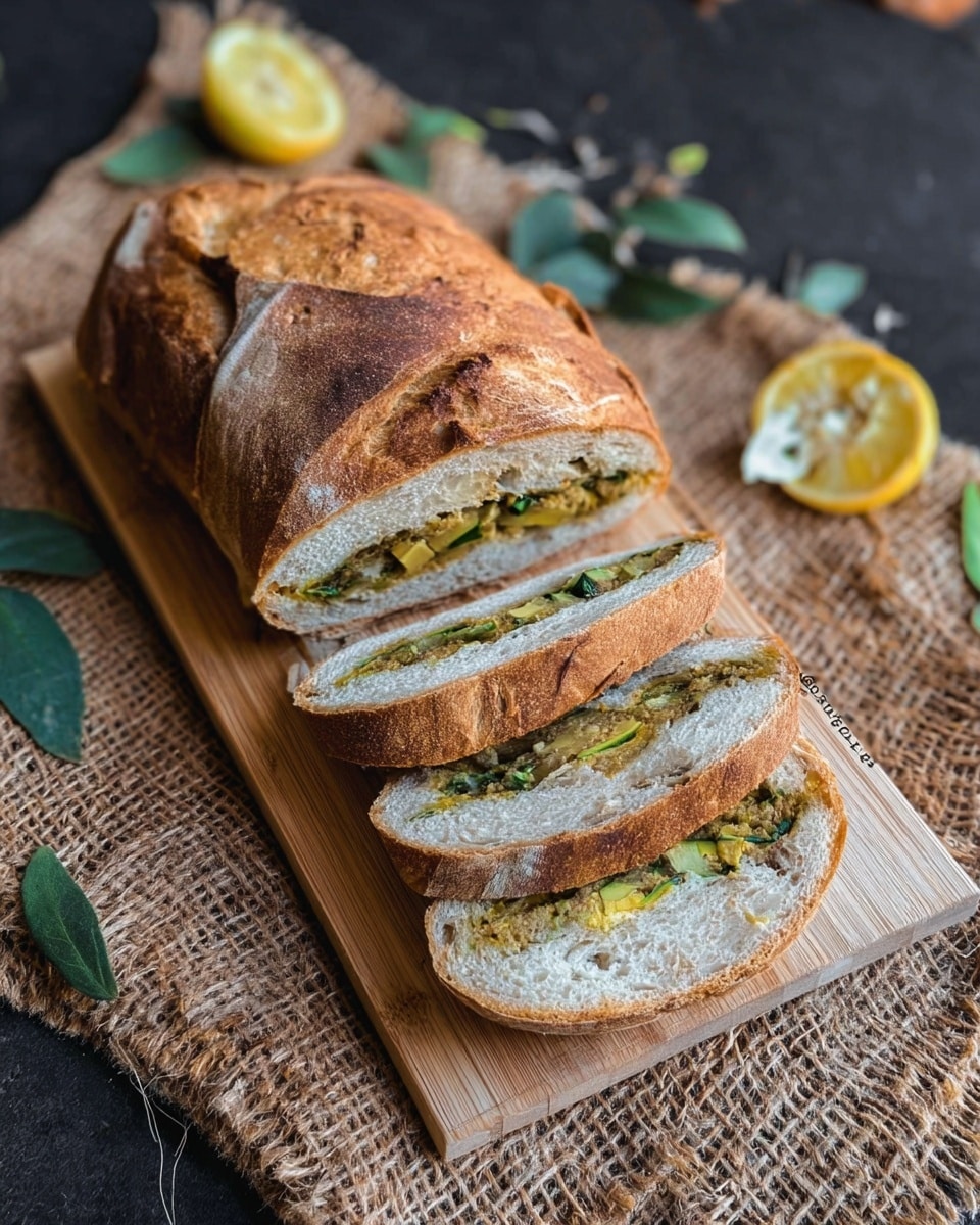 The image shows a golden brown loaf of bread sliced open to reveal a thick middle layer of mixed vegetable and herb filling with green and light brown tones, all resting on a wooden board. The crust of the bread is textured and crisp, while the inside shows soft, white bread surrounding the uneven, chunky filling. One slice is cut and laid flat next to the loaf on the board. The background has a white marbled texture with a blurred element. Photo taken with an iphone --ar 4:5 --v 7