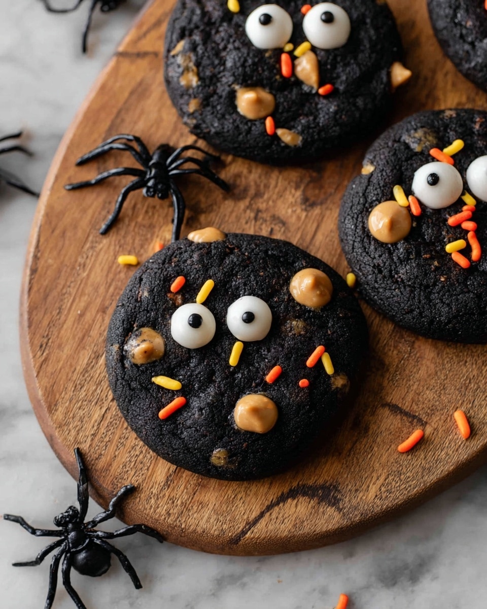 The image shows three round black cookies on a wooden board placed on a white marbled surface. Each cookie has small light brown peanut butter drops scattered on top and colorful small sprinkles in orange, yellow, and black. Two white candy eyes with black pupils are placed near the center of each cookie, creating a playful face. There are also plastic black spider decorations near the cookies adding a spooky theme. Photo taken with an iphone --ar 4:5 --v 7
