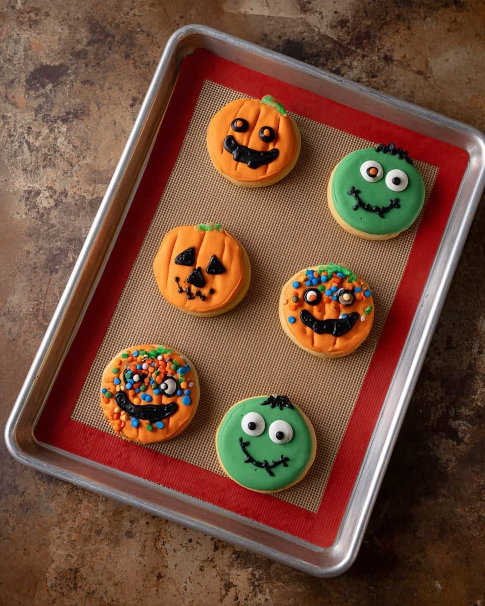 The image shows a green round cookie with a smooth green icing layer covering the whole cookie. On top of the green icing is a single large white icing circle with a smaller black icing dot in the middle, made to look like an eyeball. A curved black icing line extends from the eyeball to form a smiling mouth on the cookie. Around the green cookie, there are other Halloween-themed cookies, including orange cookies with black pumpkin faces and white cookies wrapped with white icing made to look like mummies with black icing eyes. There are also plastic black spiders and small orange pumpkin candies scattered on a white marbled surface. Photo taken with an iphone --ar 4:5 --v 7