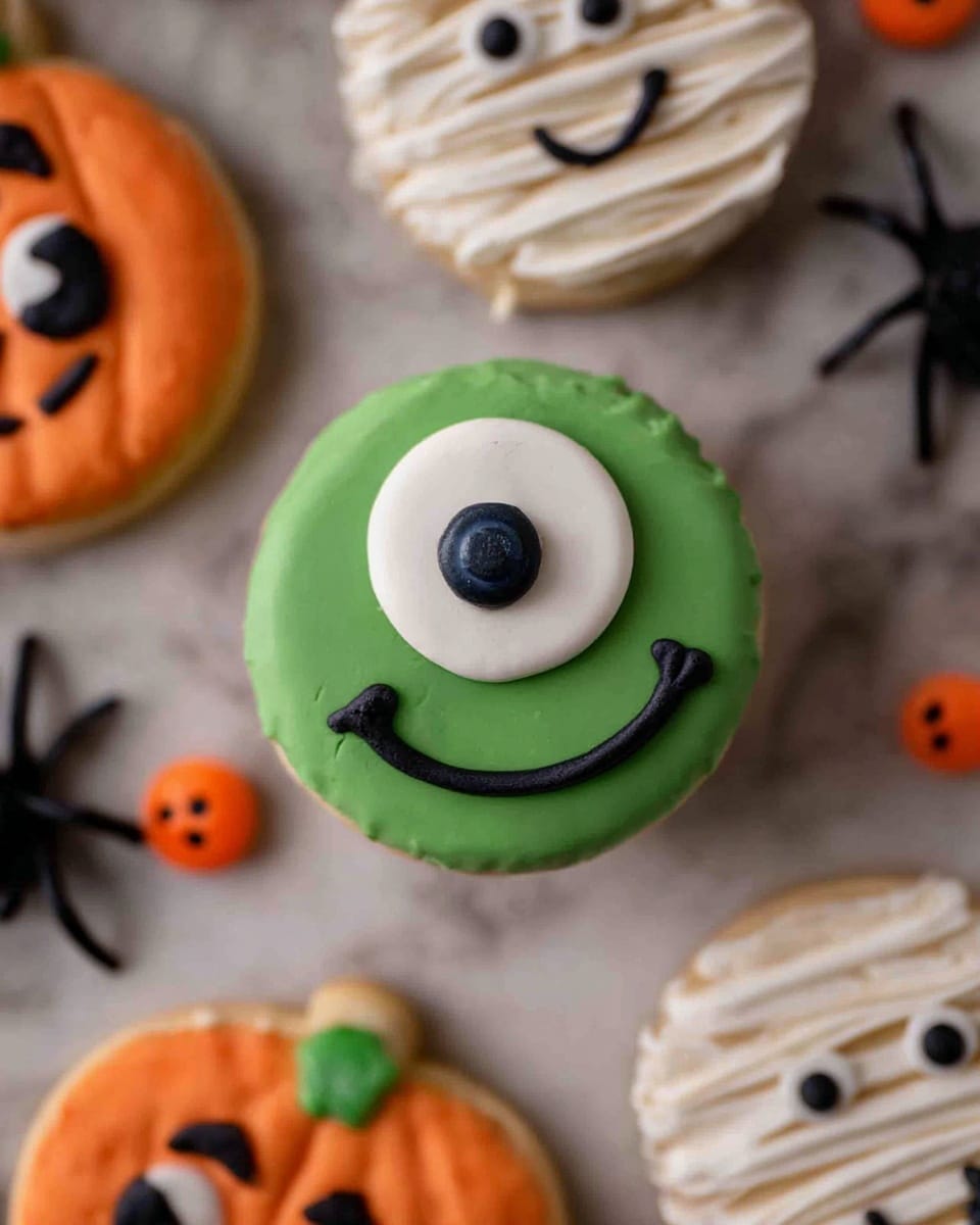 The image shows a silver baking tray lined with a red-bordered silicone mat on a surface with a rough brown texture. On the tray, there are seven round Halloween-themed cookies. Four cookies are orange with black faces resembling jack-o’-lanterns, each with different expressions made from smooth black icing; one of these cookies is decorated with colorful round sprinkles on top in the shape of a face. Three cookies are green with monster faces, featuring small round white eyes with black pupils, black noses, and smiles or other facial details drawn with black icing. The cookies have a smooth, shiny frosting layer and are evenly spaced on the tray. photo taken with an iphone --ar 4:5 --v 7