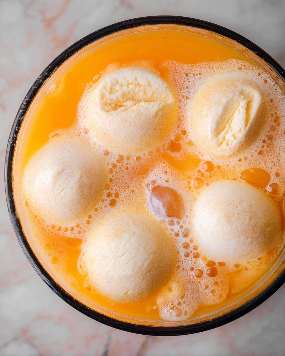 The image shows a close-up of a glass bowl filled with an orange liquid, likely juice or punch. Floating on top are four round scoops of light cream-colored ice cream or sorbet, each surrounded by frothy, white foam that blends softly into the orange liquid. The scoops have a smooth, slightly textured surface, and the white foam forms delicate swirls and bubbles around them. The bowl is clear, showing the vibrant orange color of the liquid inside, and it sits on a white marbled surface. The edges of the bowl are visible, with a black rim around the top. photo taken with an iphone --ar 4:5 --v 7