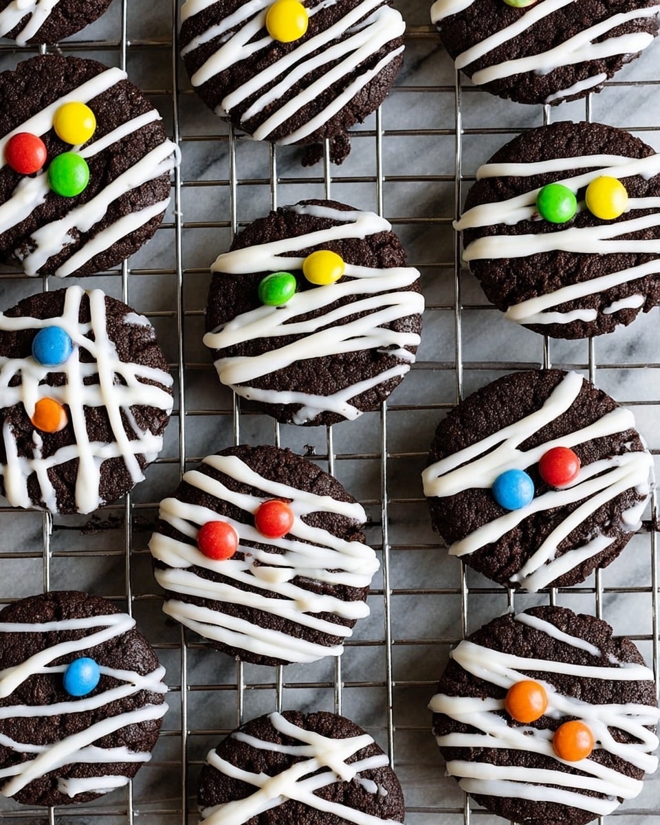 The image shows many small round dark chocolate cookies arranged on a cooling rack over a white marbled surface. Each cookie has several thick white icing lines crossing over the top, looking like mummy bandages. On each cookie, two small colorful candy pieces are placed closely together near the center, serving as eyes. The candy eyes come in colors like red, green, yellow, blue, and orange, adding a fun touch to the sweets. The overall look is playful and festive, with the dark cookies contrasting sharply against the bright white icing and candy eyes. Photo taken with an iphone --ar 4:5 --v 7