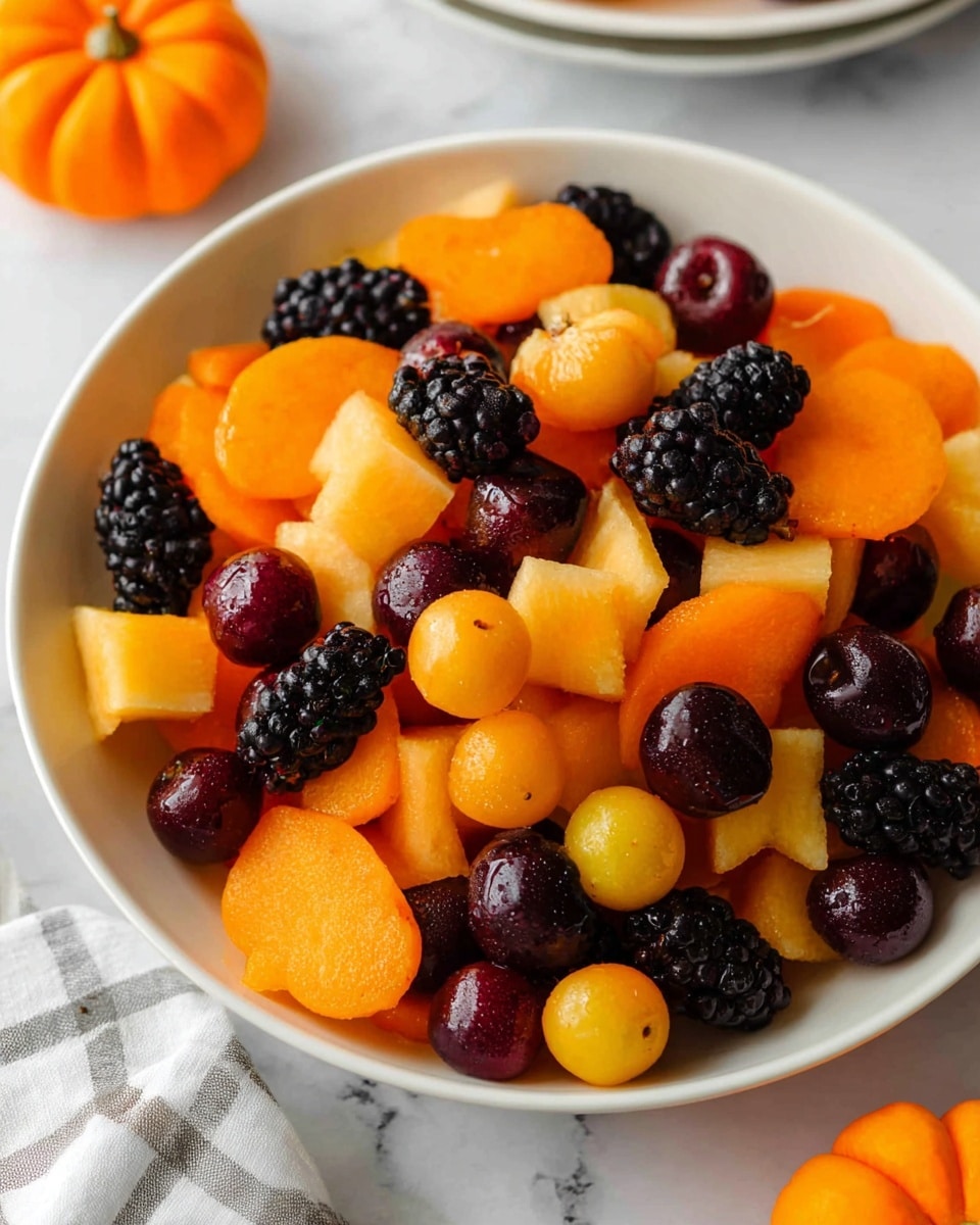 A white bowl filled with a colorful fruit mix sits on a white marbled surface. The bowl holds three main layers: the bottom layer consists of small dark red cherries with shiny skins, the middle layer has orange slices of persimmon and small round golden-yellow berries, and the top layer features light orange cantaloupe pieces cut in the shapes of pumpkins. Mixed throughout the cantaloupe are scattered blackberries, adding a rough texture and deep black-purple color that contrasts with the smooth, bright orange fruits. A small orange pumpkin decoration lies near the bowl, enhancing the autumn feel of the scene. Photo taken with an iphone --ar 4:5 --v 7