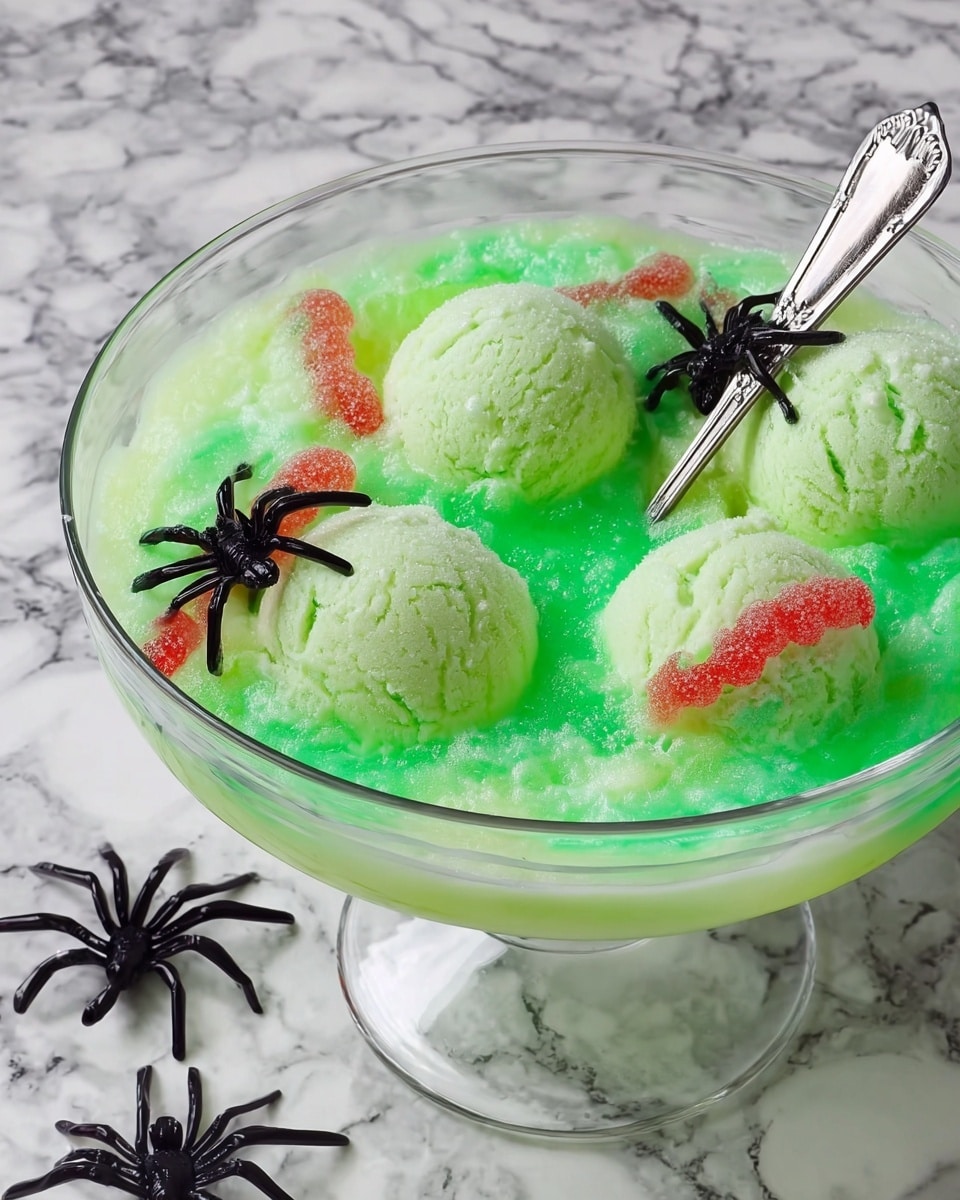A clear glass bowl filled with a light green foamy punch, having several pale green scoops of sherbet floating on top. Bright green liquid swirls spread through the light green base. There are red and green gummy worms lying across the sherbet scoops. Two small black plastic spiders sit on the surface of the punch. A silver spoon with a black plastic spider on its handle rests on the edge of the bowl. The bowl sits on a white marbled surface with another black plastic spider nearby. Photo taken with an iphone --ar 4:5 --v 7