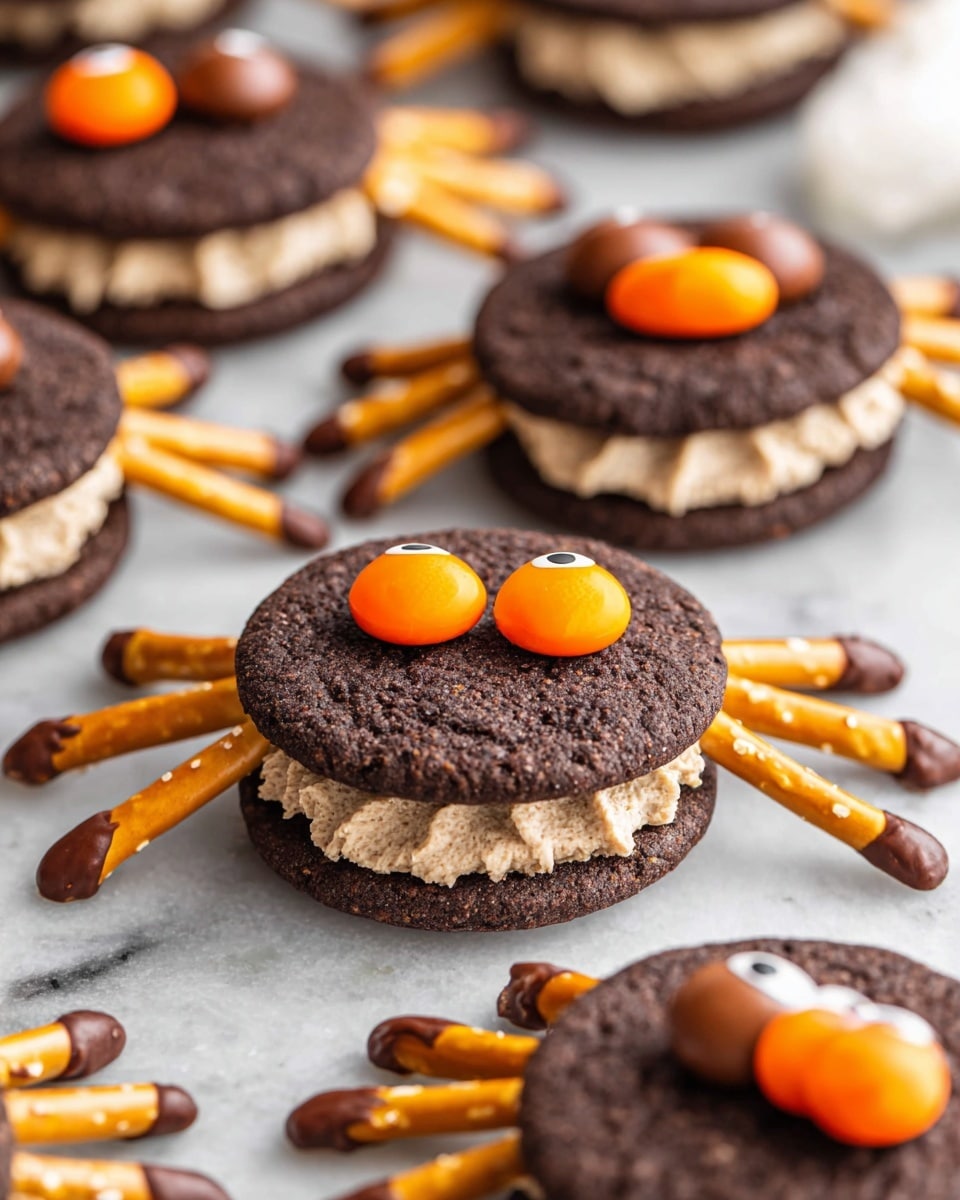 This image shows a close-up of cookie sandwiches made with two dark chocolate cookies and light brown cream in the middle layer. Each sandwich has eight pretzel sticks inserted on each side, acting as legs with dark chocolate-coated tips. Two oval-shaped candy pieces are placed on the top cookie, resembling eyes, with one sandwich featuring orange candies and the other with brown candies. The cookies are arranged on a flat surface with a white marbled texture. Photo taken with an iphone --ar 4:5 --v 7