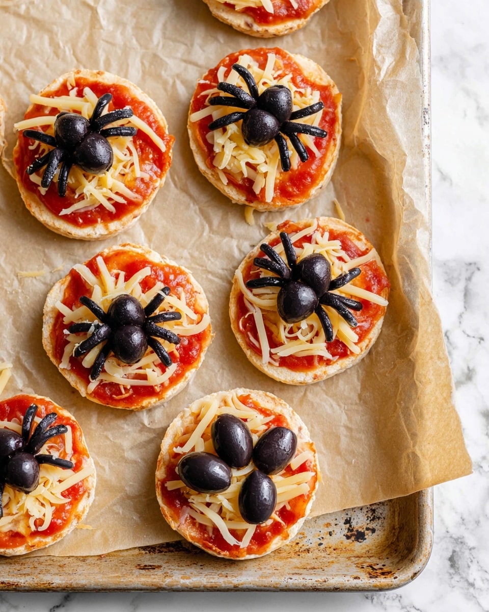 The image shows six mini pizzas arranged on a baking tray lined with light brown parchment paper, placed on a white marbled surface. Each mini pizza has three distinct layers: a light golden-brown English muffin base, a smooth red tomato sauce middle layer, and a top layer of shredded pale yellow cheese. On top of each pizza, there are whole black olives arranged in a paw shape, with one larger olive in the center and smaller olives around it. The baking tray has a slightly worn appearance with light brown marks on the edges. photo taken with an iphone --ar 4:5 --v 7