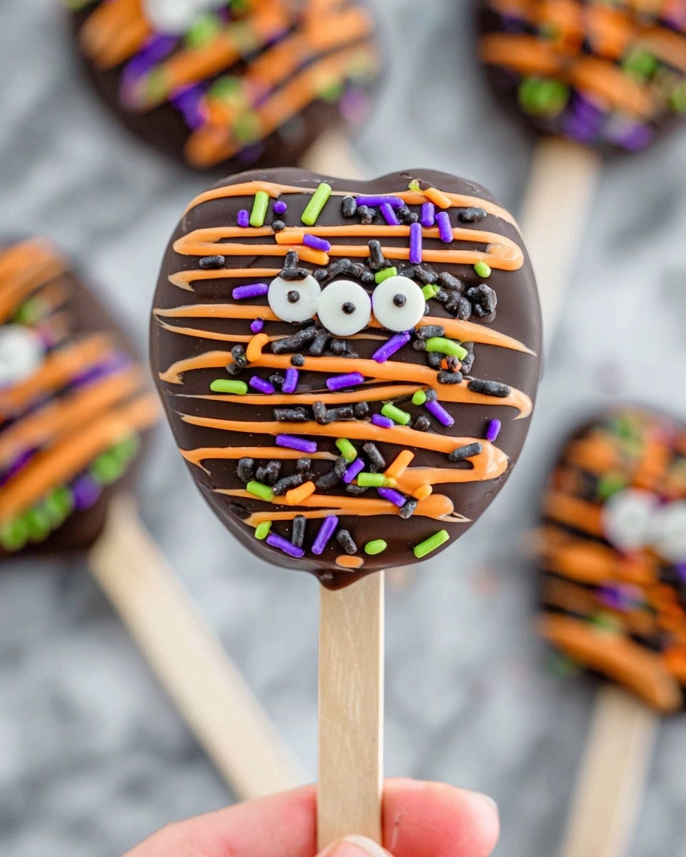 A dark chocolate apple-shaped treat on a light wood stick is held by a woman's hand. The apple has a smooth, glossy dark chocolate layer as the base. Over this base are thin orange lines drizzled in waves across the surface. Sprinkles in bright colors like green, orange, purple, black, and white are scattered all over, with some round and others shaped like tiny rods. There are two white candy eyes placed toward the top, giving a fun look. The background shows more similar treats blurred out on a white marbled surface. photo taken with an iphone --ar 4:5 --v 7