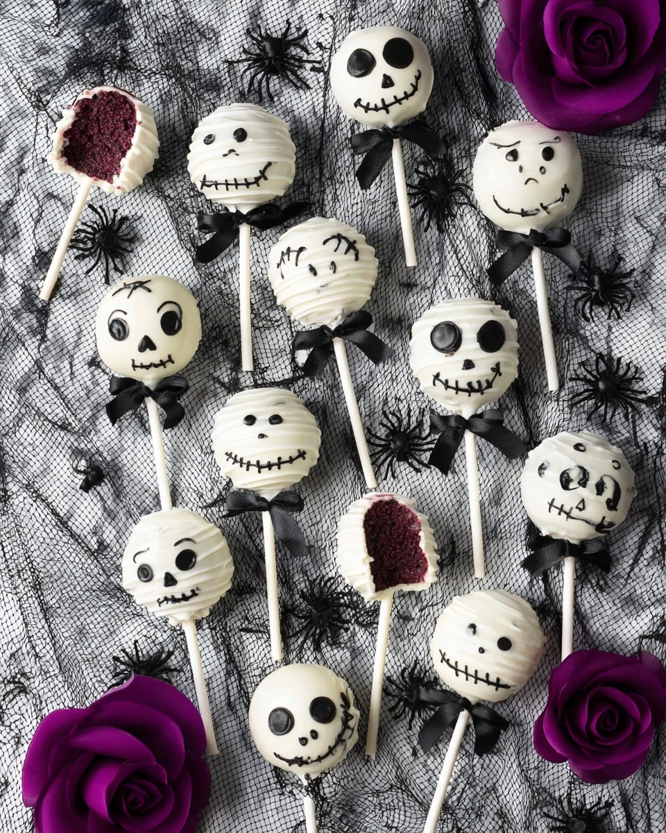 The image shows twelve Halloween-themed cake pops arranged on a white marbled surface covered with black spider web netting and small black spider decorations. Each cake pop is covered in white coating with black detailing to create faces like skulls and mummies. Some cake pops have two white eyes with black pupils, while others have stitched mouths or triangle-shaped eyes drawn with black. Three cake pops have black bows tied around their sticks. One cake pop is bitten to show a red, crumbly inside. There are two bright purple roses in two corners of the scene. photo taken with an iphone --ar 4:5 --v 7