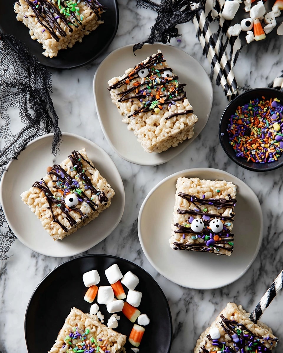 Two square layered treats made from light beige crispy rice cereal sit on a white plate with a thin black ring near the edge. Each treat is decorated with a drizzle of dark chocolate forming stripes or spider shapes on top. The chocolate spiders have colorful sprinkles in orange, green, purple, and black sprinkled on them, along with two candy eyes on each. Each square has a black and white striped or polka dot stick inserted at the bottom, turning them into pops. The surface beneath is white marble with scattered colorful sprinkles nearby. Photo taken with an iphone --ar 4:5 --v 7