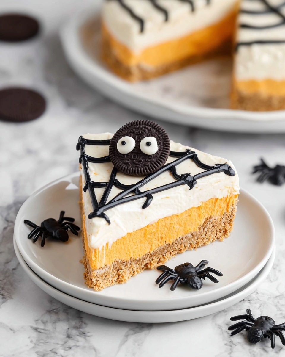 A slice of pie with three visible layers sits on a white plate: a bottom light brown crumbly crust, a middle bright orange creamy layer, and a thick top layer of white cream. The top surface is decorated with black icing lines forming a spider web pattern, and a small cookie with white and black eyes placed in the center to look like a spider. The pie slice is surrounded by small black plastic spiders on a white marbled surface. In the background, more pie slices on a white plate and some dark round objects can be seen faintly. photo taken with an iphone --ar 4:5 --v 7
