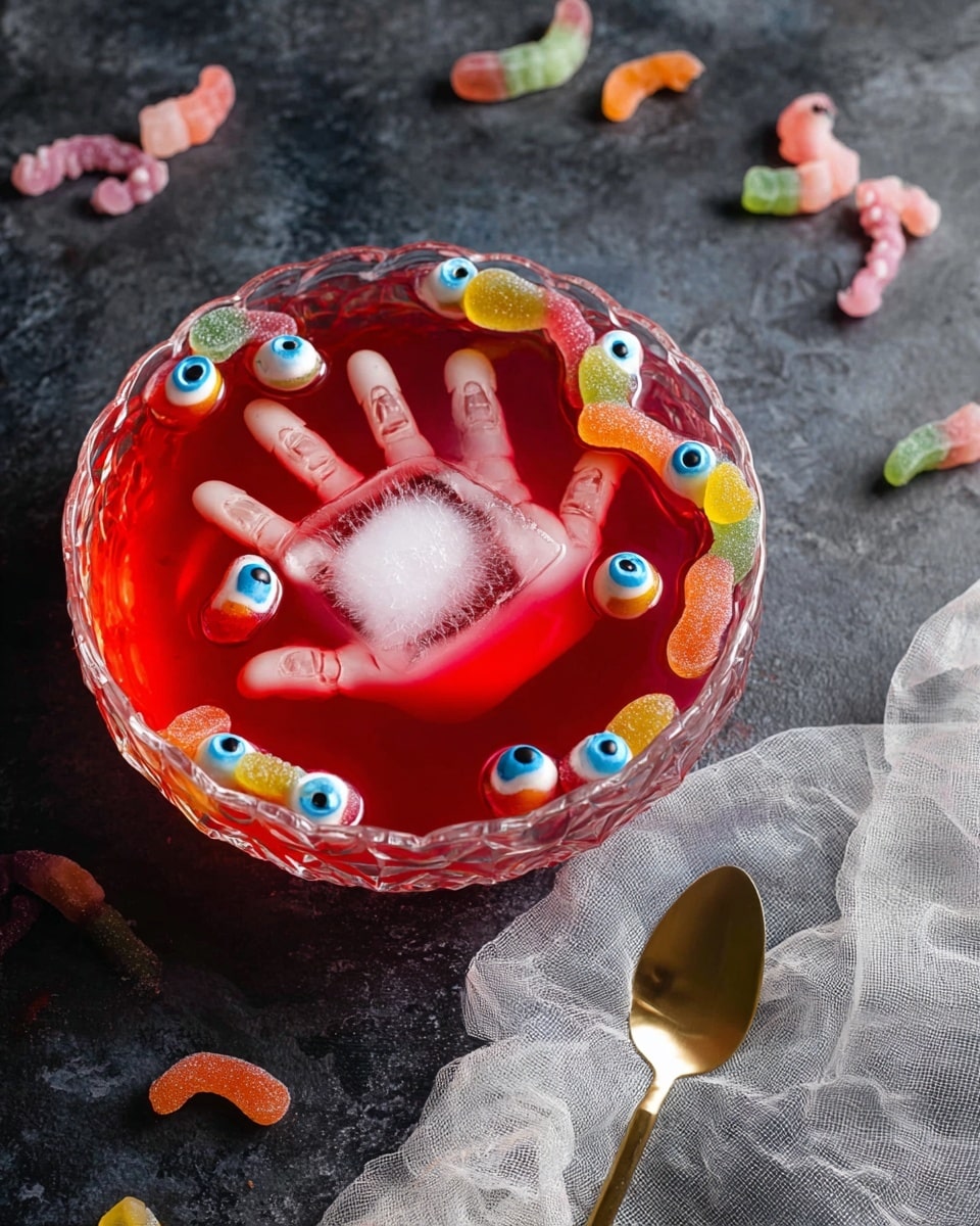 The image shows a tall clear glass filled with bright orange liquid, with a white stick placed across the top. On the stick, several colorful gummy candies are skewered, including a white eyeball candy with an orange iris and black pupil in the center, white teeth-shaped candy, and red, green, blue, and yellow gummy worms. Around the base of the glass on a dark surface, similar gummy candies are scattered, including another eyeball and teeth candies. The background features a black skull, a golden spoon, and a white cloth on a white marbled texture. Photo taken with an iphone --ar 4:5 --v 7