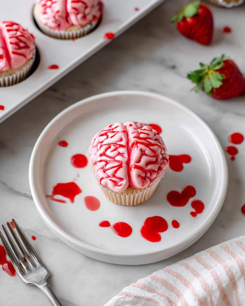 A single cupcake sits in the middle of a white plate on a white marbled surface. The cupcake has pink frosting piped in a brain-like pattern showing two distinct halves with detailed curves and lines. Bright red syrup is spread underneath and around the cupcake in drops and small splashes, creating a contrast against the white plate. In the corner, a white tray holds more similar cupcakes with the same frosting and red syrup details. Two whole strawberries and a white cloth with pale stripes are partially visible nearby. Photo taken with an iphone --ar 4:5 --v 7