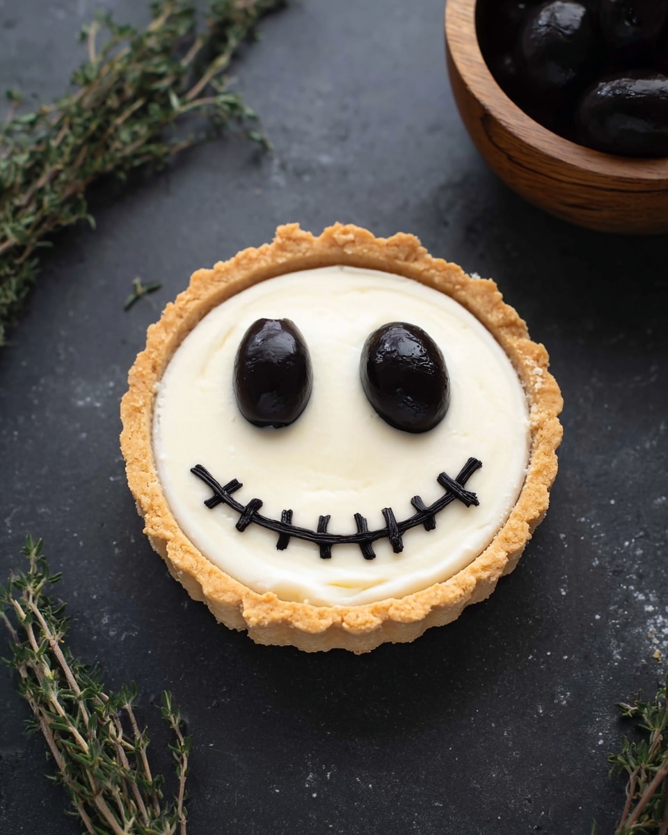 A small tart with a light golden crust forms the base. The top layer is smooth and white, likely a creamy filling. On this white surface, two shiny black olives are placed near the top to create eyes. Below the eyes, small thin black pieces are arranged in a curved line, looking like a stitched smile. The tart sits on a dark surface with sprigs of green herbs around it and a wooden bowl of black olives nearby. photo taken with an iphone --ar 4:5 --v 7