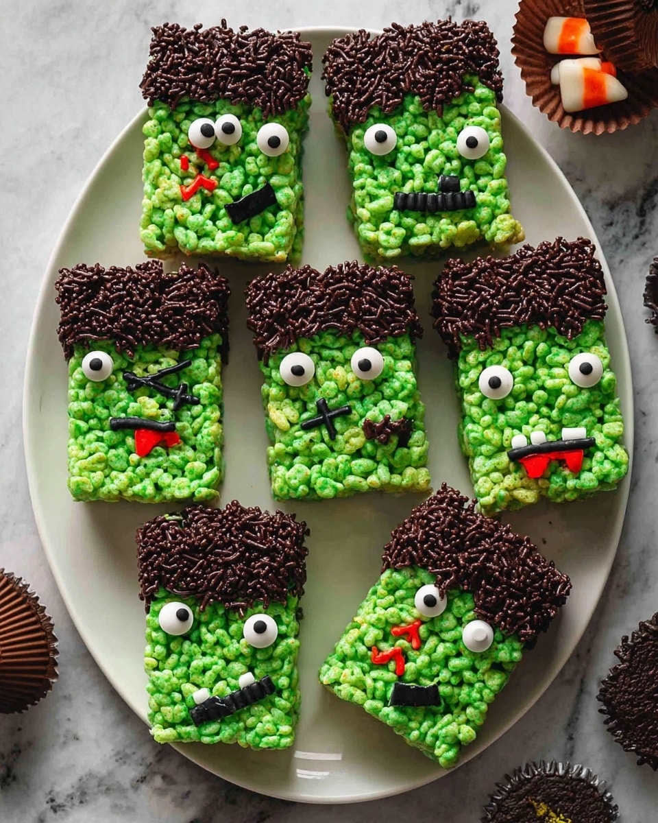 The image shows seven Frankenstein monster shaped treats on a white plate placed on a white marbled surface. Each treat has two layers: the bottom layer is bright green with a bumpy texture made of puffed rice, forming the main face and body; the top layer represents the hair, covered in dark brown chocolate sprinkles with a rough texture. Each face has two round candy eyes with black pupils, a black icing mouth in different expressions, and some have black icing stitches on the green layer. There are small red icing details near the hairline resembling blood drops. On each side of the treats, there are small brown cupcake liners attached sideways to look like bolts. Two extra candy eyes are placed on the plate as decoration. Photo taken with an iphone --ar 4:5 --v 7