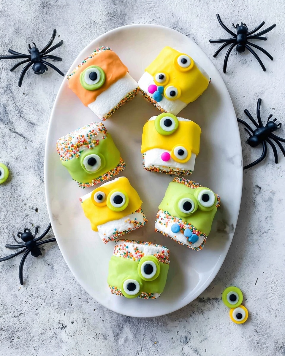 A white oval plate on a white marbled surface holds six large white marshmallows decorated to look like monsters. Each marshmallow is half dipped in colorful icing—yellow, orange, or green—and has two candy eyes made from green or yellow circles with black centers on top. Some also have small round candy noses in blue, pink, or orange. The bottom edges of the icing are lined with tiny multicolored sprinkles. Around the plate on the surface are scattered matching candy eyes and several small black plastic spiders adding a Halloween theme. Photo taken with an iphone --ar 4:5 --v 7