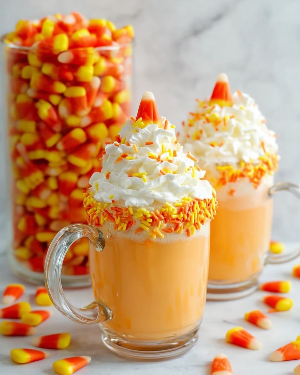 The image shows two clear glass mugs filled with a creamy orange drink. Each mug has a thick white whipped cream layer on top, swirled high with bright yellow and orange sprinkles decorating the edges and surface. A candy corn piece sits on the peak of the whipped cream. The mugs have curved handles, and the background is a white marbled texture. Nearby, a large clear glass container is filled with many candy corn pieces, and some candy corns are scattered on the surface around the mugs. photo taken with an iphone --ar 4:5 --v 7