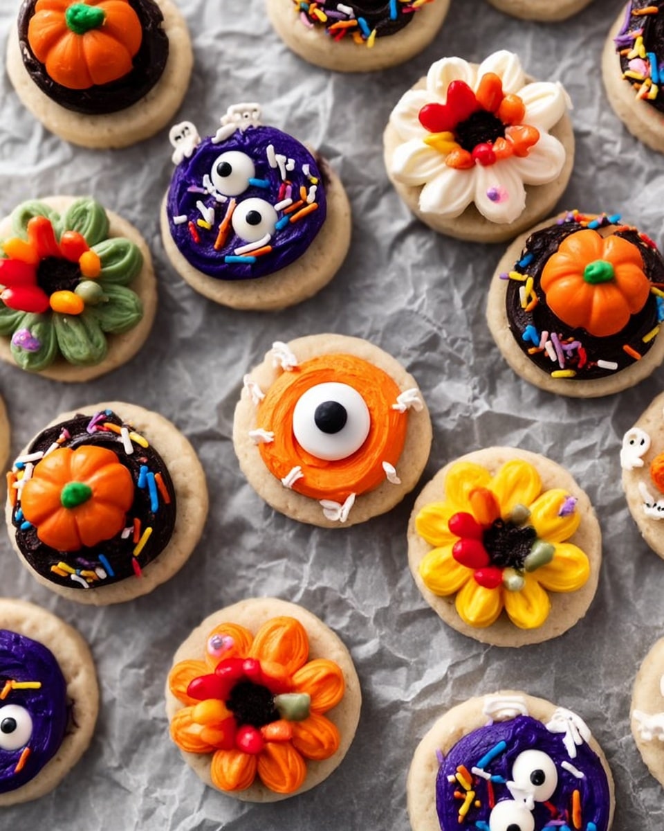 The image shows multiple small round cookies, each with two layers: a light beige cookie base and colorful frosting on top. Some cookies have orange frosting with a large white and black candy eye in the middle, decorated with small white ghost shapes and purple, black, and orange sprinkles. Other cookies have dark purple frosting topped with a small orange pumpkin candy and pumpkin-shaped sprinkles. There are also cookies with white frosting and colorful candy petals in red, green, yellow, and orange arranged like a flower around a dark chocolate center. The cookies are placed on a crinkled gray paper over a white marbled surface. photo taken with an iphone --ar 4:5 --v 7