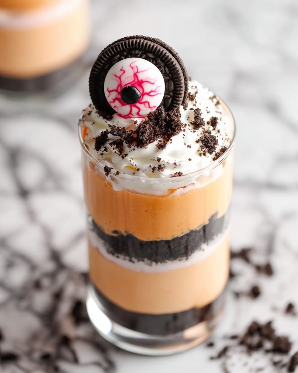 The dessert is served in a clear glass with four visible layers, starting from the bottom with a dark crumbly layer, followed by a smooth light orange layer, then a thin dark crumbly layer, and topped with a fluffy white cream layer sprinkled with dark crumbs. On top, there is a black-and-white cookie decorated like an eyeball with pink and red veins, resting on the cream near the edge of the glass. The background and surface are white marble, creating a clean and bright setting. Photo taken with an iphone --ar 4:5 --v 7