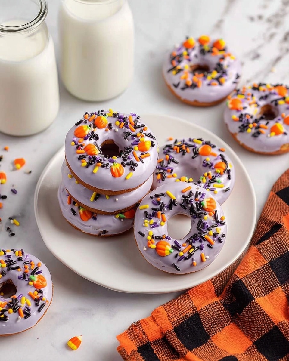 The image shows a white plate with six donuts stacked in a pile on a white marbled surface. Each donut has a lavender colored icing with a smooth texture evenly covering the top. On top of the glaze, there are many small sprinkles in orange, black, yellow, and purple colors including round, rod-shaped, and pumpkin-shaped pieces. One extra donut with the same decoration is placed to the upper right of the plate, and two more similarly decorated donuts are partially visible on the left side near two glass bottles filled with milk. A folded orange and black checkered cloth lies to the right of the plate. Photo taken with an iphone --ar 4:5 --v 7