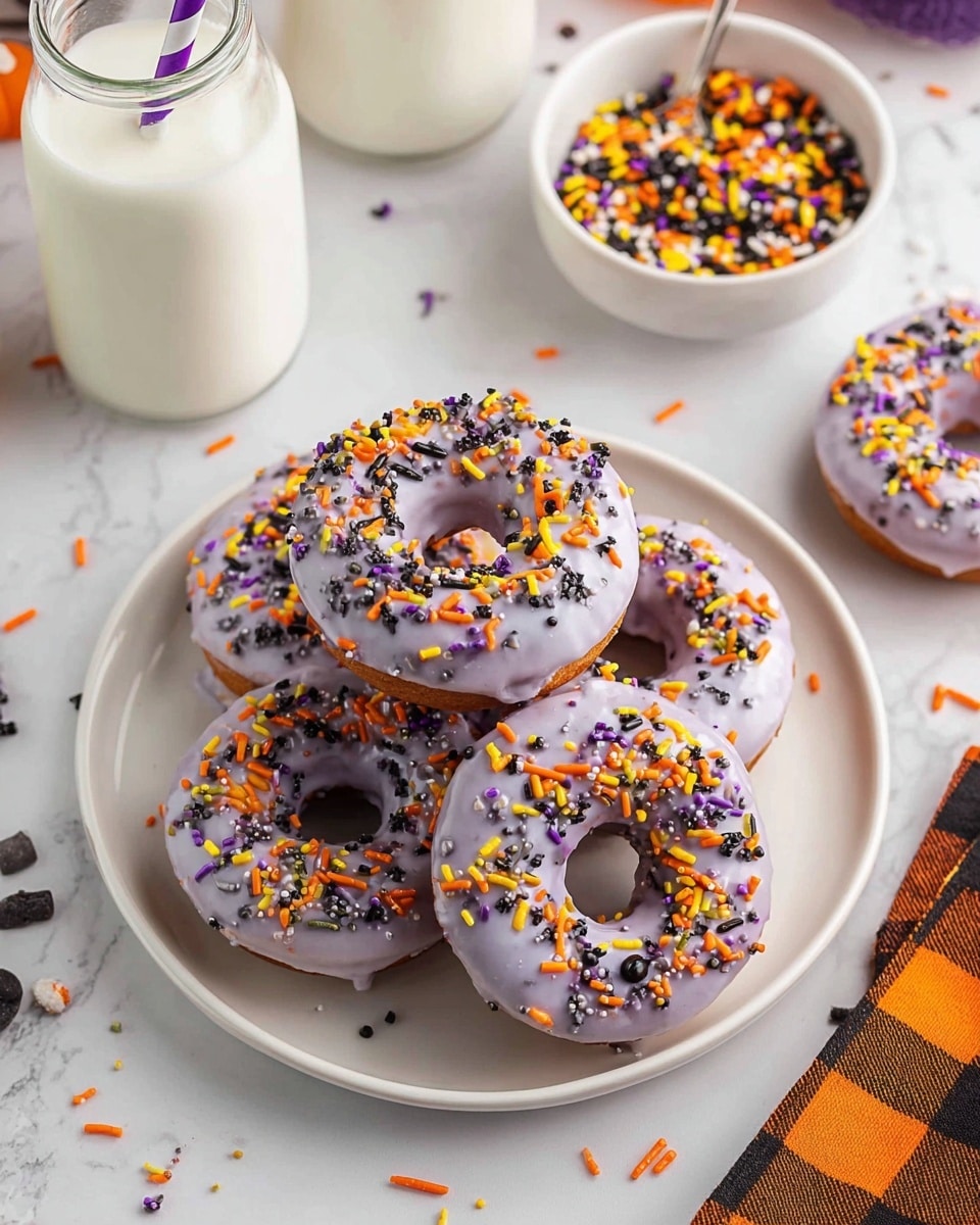 A white plate holds five chocolate donuts stacked in a loose pile, each covered with a smooth, light purple glaze. Bright orange, purple, black, and yellow sprinkles of different shapes and sizes=
