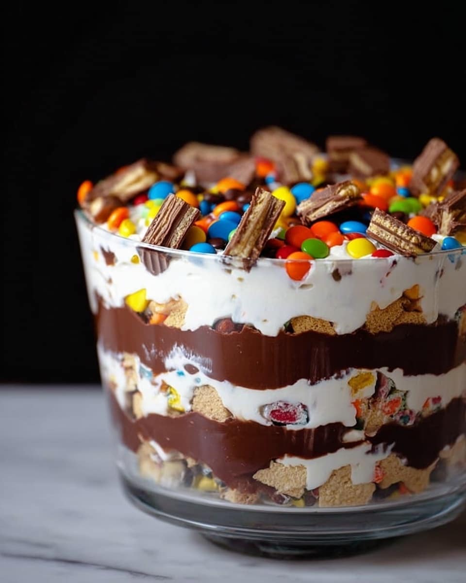 The image shows a tall layered dessert in a clear glass dish on a white marbled surface. The bottom layer is made of white cream mixed with chopped wafer pieces and colorful candy-coated chocolates. Above this is a thick, smooth dark chocolate layer, followed by another layer of white cream. The top layer is white cream decorated with many chopped pieces of chocolate-covered wafer bars and scattered colorful candy-coated chocolates. The textures range from creamy smoothness to crunchy candy pieces, with bright colors like orange, yellow, red, blue, and green standing out against the creamy and chocolate layers. photo taken with an iphone --ar 4:5 --v 7