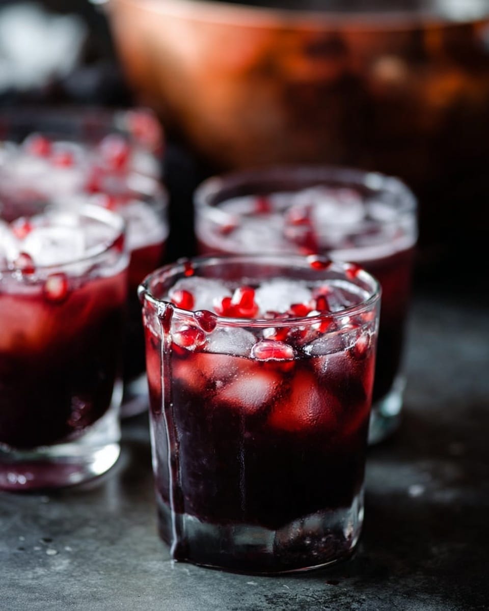 Four short clear glasses are shown, each filled with dark red liquid that has ice cubes inside. The liquid also has some small red seeds floating on top. The rims of the glasses have drips of the dark red liquid running down the sides. The glasses are placed on a dark surface, with a blurred copper bowl in the background. The photo has soft lighting that highlights the colors and textures of the drink. photo taken with an iphone --ar 4:5 --v 7