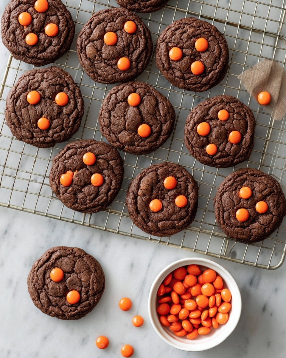 A large white plate is filled with about twenty round chocolate cookies, each topped with several bright orange candy pieces. The cookies have a rough, slightly cracked surface. To the right, a white bowl holds more of the orange candies, while a smaller white plate with black swirl patterns holds three cookies. The scene includes a white marbled texture background, a light cream cloth on the lower left, and two small decorative pumpkins—one white and one orange—on the upper left. Photo taken with an iphone --ar 4:5 --v 7