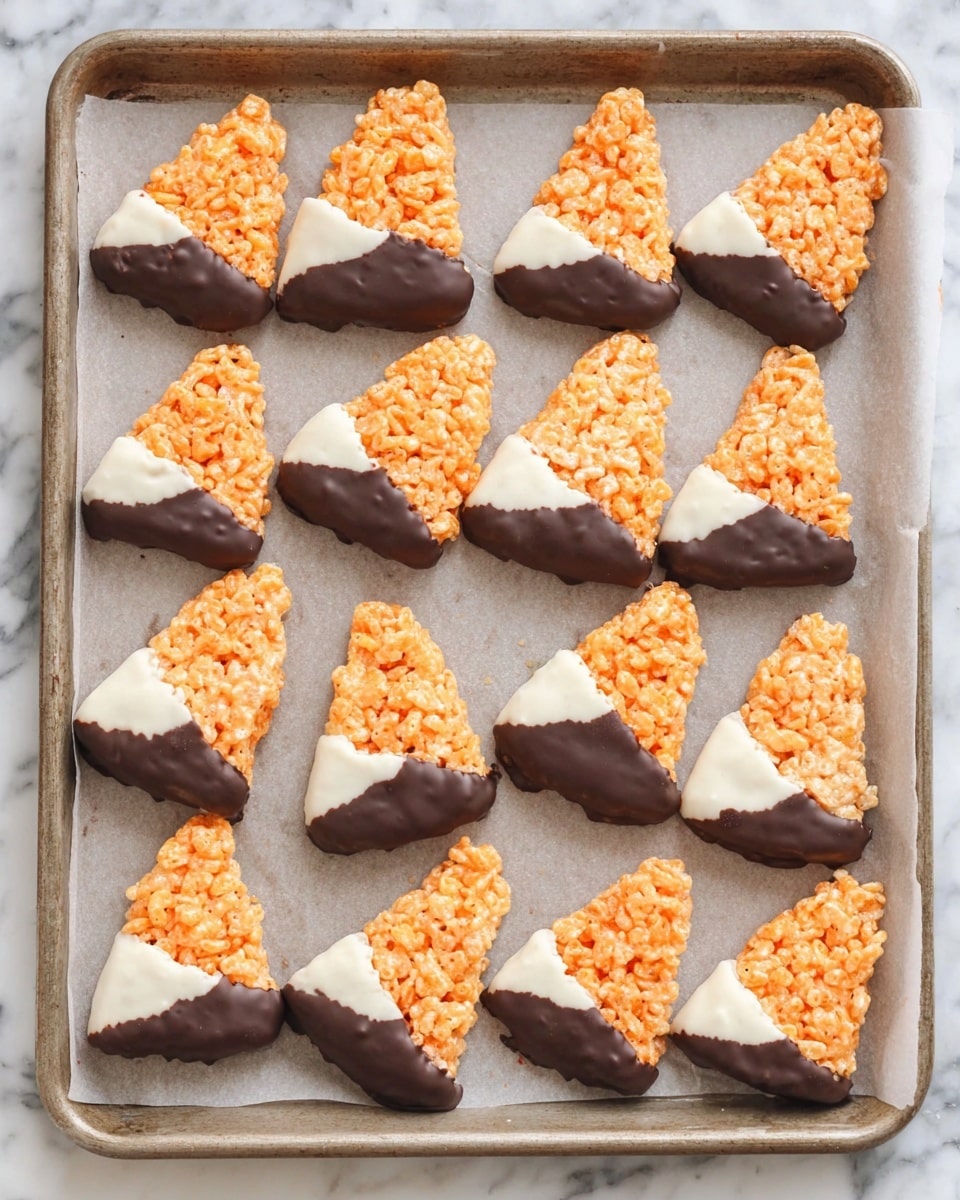 The image shows a baking tray lined with parchment paper holding sixteen triangular treats made from crispy orange rice cereal. Each triangle has two dipped ends; one tip is coated in smooth white chocolate and the wider bottom edge is dipped in dark chocolate, creating a candy corn effect. The texture of the cereal is visible and the chocolate coatings look shiny and even. The tray is placed on a white marbled surface. photo taken with an iphone --ar 4:5 --v 7