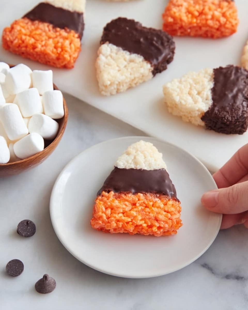 The image shows cookie treats shaped like candy corn candy, placed on a white plate and on a white marbled surface. Each cookie has three layers: the bottom layer is white, smooth, and glossy, the middle layer is orange with a rough, crispy texture made of rice cereal, and the top layer is dark brown, smooth, and shiny as if dipped in chocolate. A woman's hand is holding one of the cookies on a white rectangular platter beside a bowl filled with marshmallows. Small dark chocolate chips are scattered on the white marbled surface. photo taken with an iphone --ar 4:5 --v 7