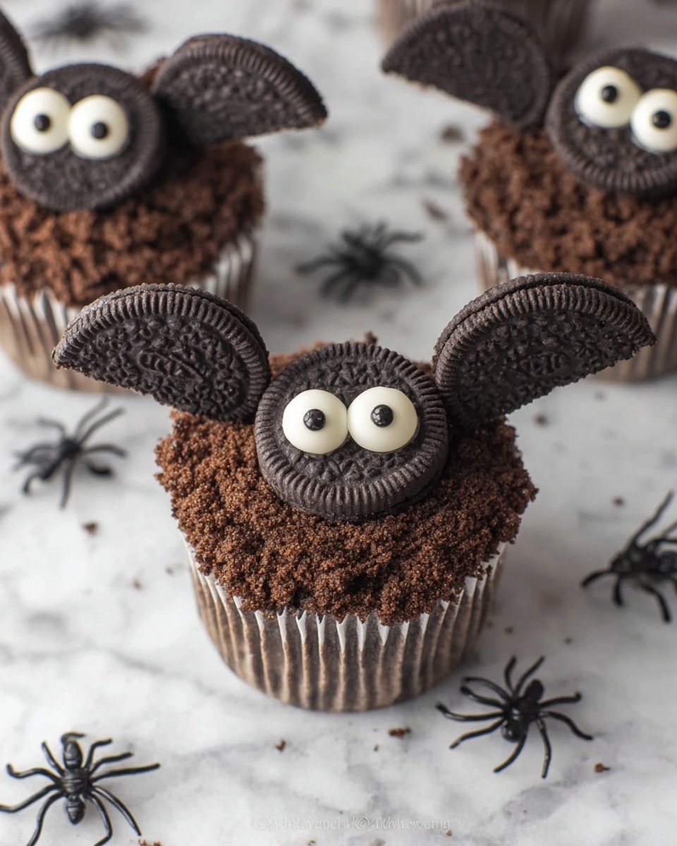 The image shows two chocolate cupcakes decorated to look like bats. Each cupcake has a thick layer of dark brown crumbly chocolate on top, making the surface rough. In the center of each cupcake is a whole round chocolate cookie topped with two white candy eyes with black pupils. Attached on each side of the cookie are two half chocolate cookies, angled to resemble bat wings. The cupcakes sit on a white marbled surface with small plastic black spiders around them, adding a spooky touch. Photo taken with an iphone --ar 4:5 --v 7