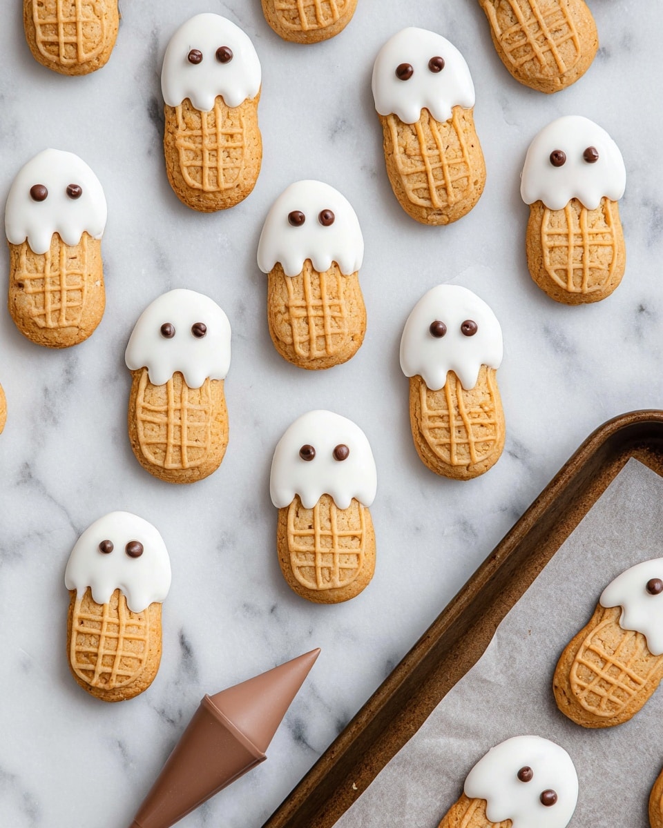 On a white marbled surface, a black plate holds about fifteen ghost-shaped cookies made of a light brown biscuit base with a waffle pattern. Each cookie is dipped halfway in smooth white icing, forming the ghost's head, with two small dark chocolate dots as eyes on the icing. The rest of the cookies are scattered around the plate on the surface, and a small white dish filled with more of these ghost cookies sits in the background. Nearby, there are small Halloween-themed candies shaped like pumpkins and candy corn. A ceramic skull and two small decorative pumpkins, one orange and one white, are also part of the scene. Photo taken with an iphone --ar 4:5 --v 7