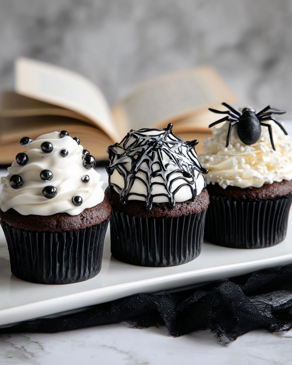 Three chocolate cupcakes sit side by side on a long white plate on a white marbled surface. Each cupcake has a dark brown base wrapped in a black paper liner. The top layer is white frosting, thick and swirled smoothly. The cupcake on the left is decorated with small shiny black balls and a small black plastic spider. The middle cupcake has a layer of thin white web-like frosting over a black drizzle topping and a black plastic spider on top. The cupcake on the right is decorated with a swirl of white frosting, black shiny balls, and a black plastic spider on top. A black cloth and an open book are blurred in the background. Photo taken with an iphone --ar 4:5 --v 7