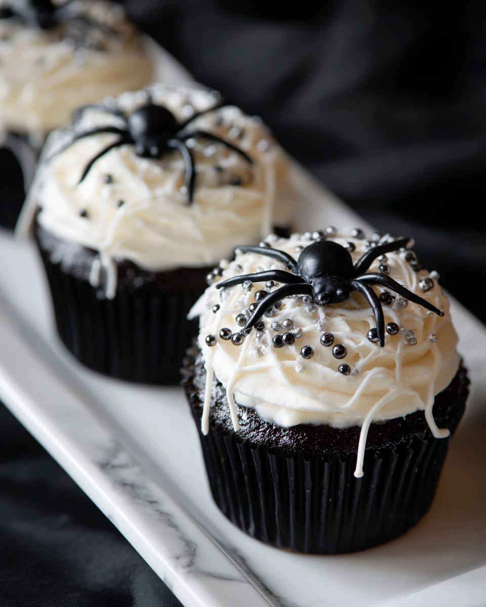 A row of three black cupcake liners on a white rectangular plate with white marbled texture underneath. Each cupcake has a thick layer of swirled white frosting topped with black plastic spiders and small shiny black round sprinkles. The frosting texture looks soft and creamy with some thin white icing drizzled over it, creating a spider web effect. The black cupcake base contrasts with the white frosting for a striking Halloween look. Photo taken with an iphone --ar 4:5 --v 7