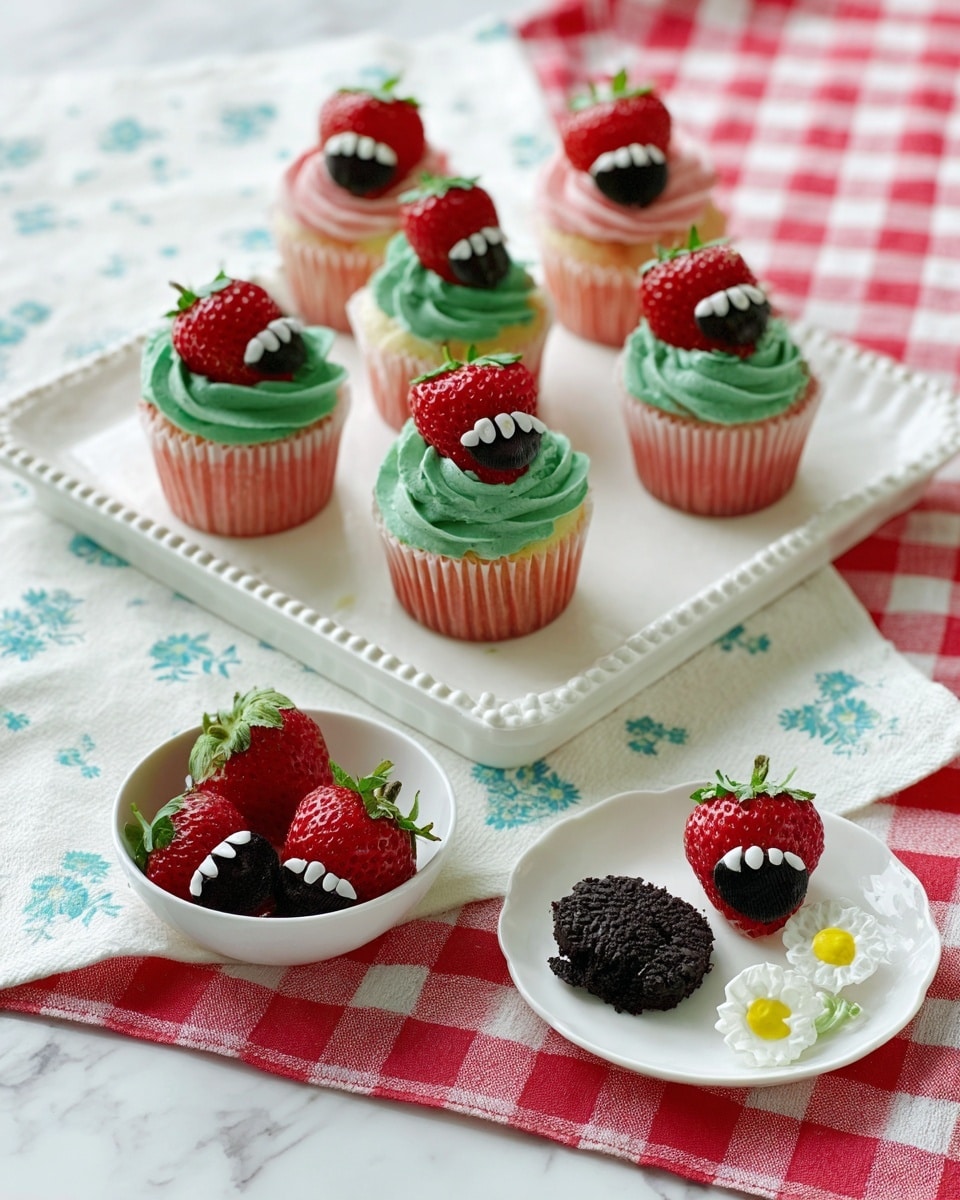 Six cupcakes each with one layer of light pink cake topped with a swirl of dark green frosting are shown. Each cupcake is decorated with a whole red strawberry on top that has white candy pieces arranged inside a small mouth shape. Four cupcakes are on a square white plate with beaded edges placed on a white cloth with blue flowers, and one cupcake is on a small white plate with yellow flowers. In front, there is a small white bowl filled with dark cookie crumbs and three strawberries with white candy mouths placed on top. The whole scene is set on a white marbled texture with a red and white checkered cloth underneath. photo taken with an iphone --ar 4:5 --v 7